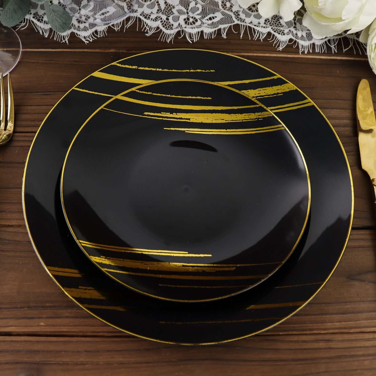 10-Pack Plastic 7 Round Dessert Plates in Black with Gold Brush Stroked Print - Disposable Appetizer Salad Plates for Modern Themed Events & Banquets