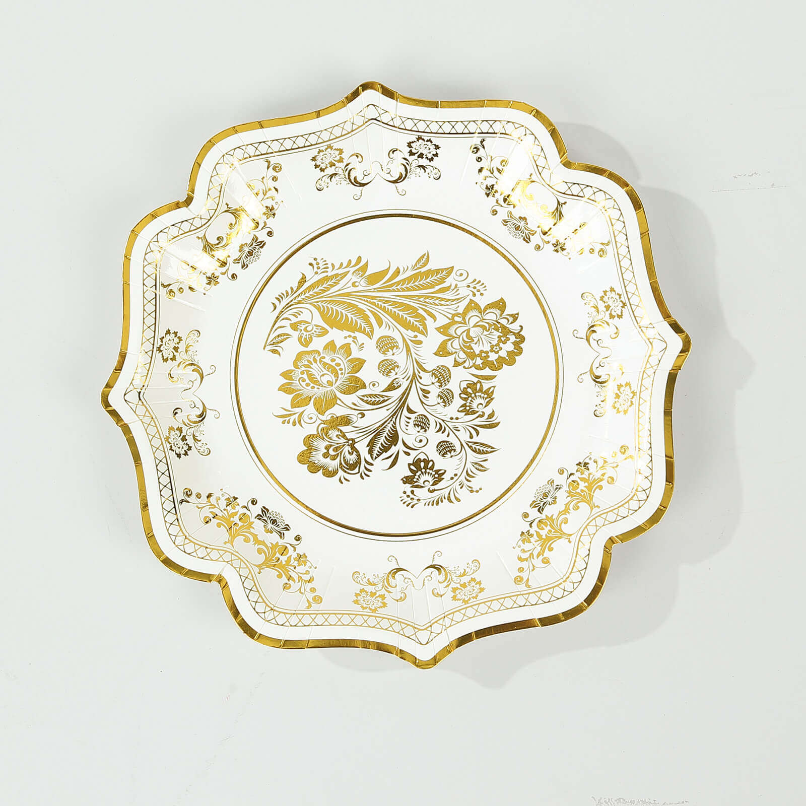 25-Pack Paper Dessert Plates in White with Gold French Toile Print & Scallop Rim - Stylish Disposable 300GSM Floral Salad Appetizer Plates for Weddings & Events 8