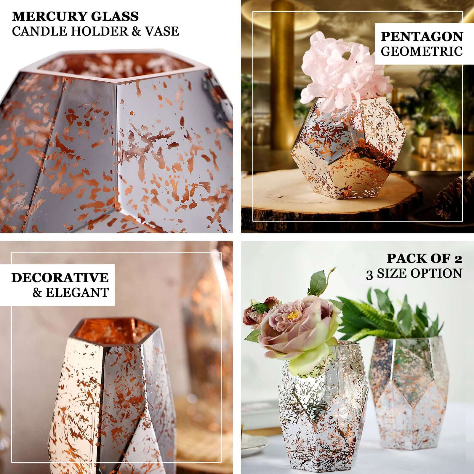 2-Pack Mercury Glass Vases Pentagon Design Silver Rose Gold - Decorative Candle Holder Centerpieces 5