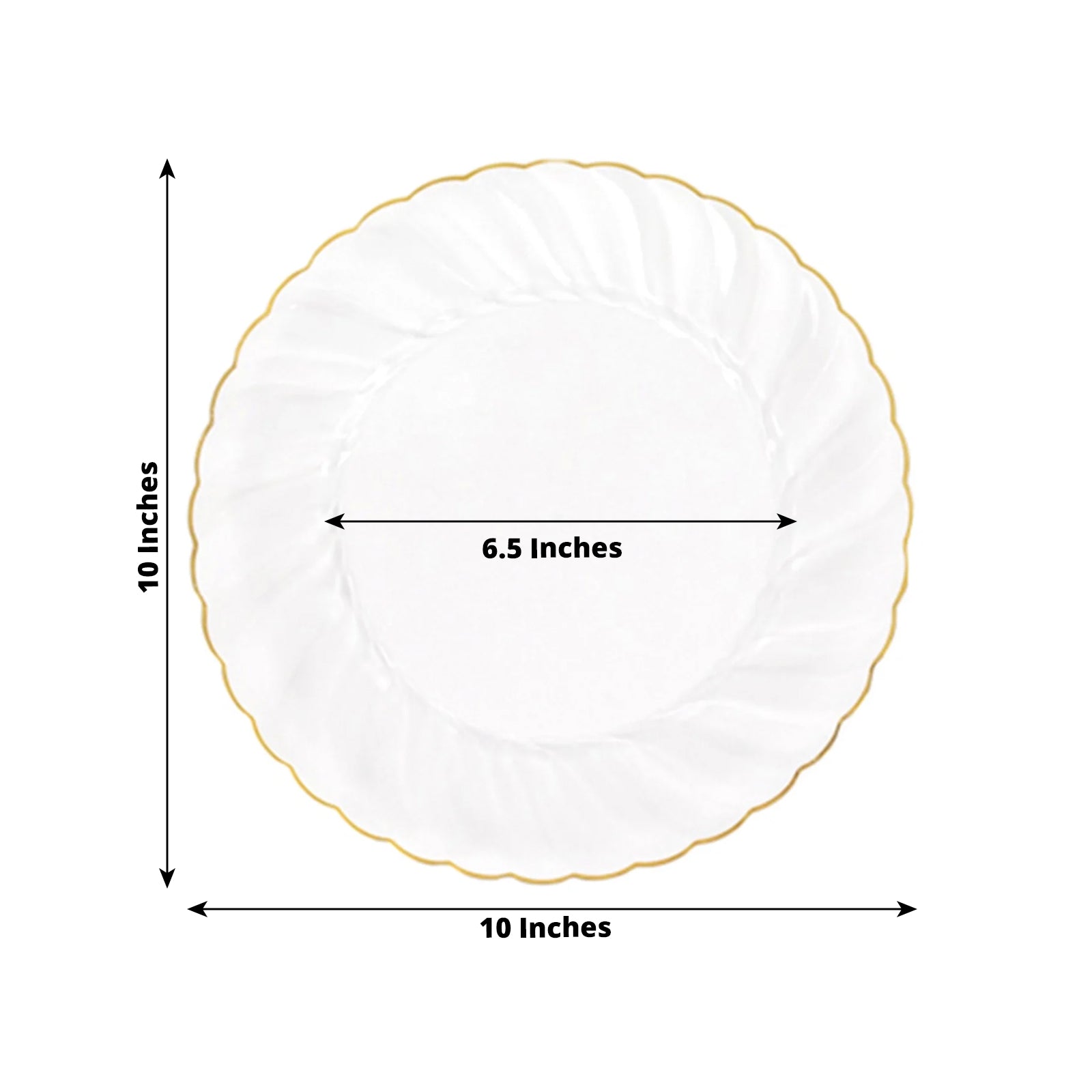 10-Pack Plastic 10 Round Dinner Plates in Clear with Gold Flair Rim - Disposable Party Plates for Upscale Banquets & Special Occasions