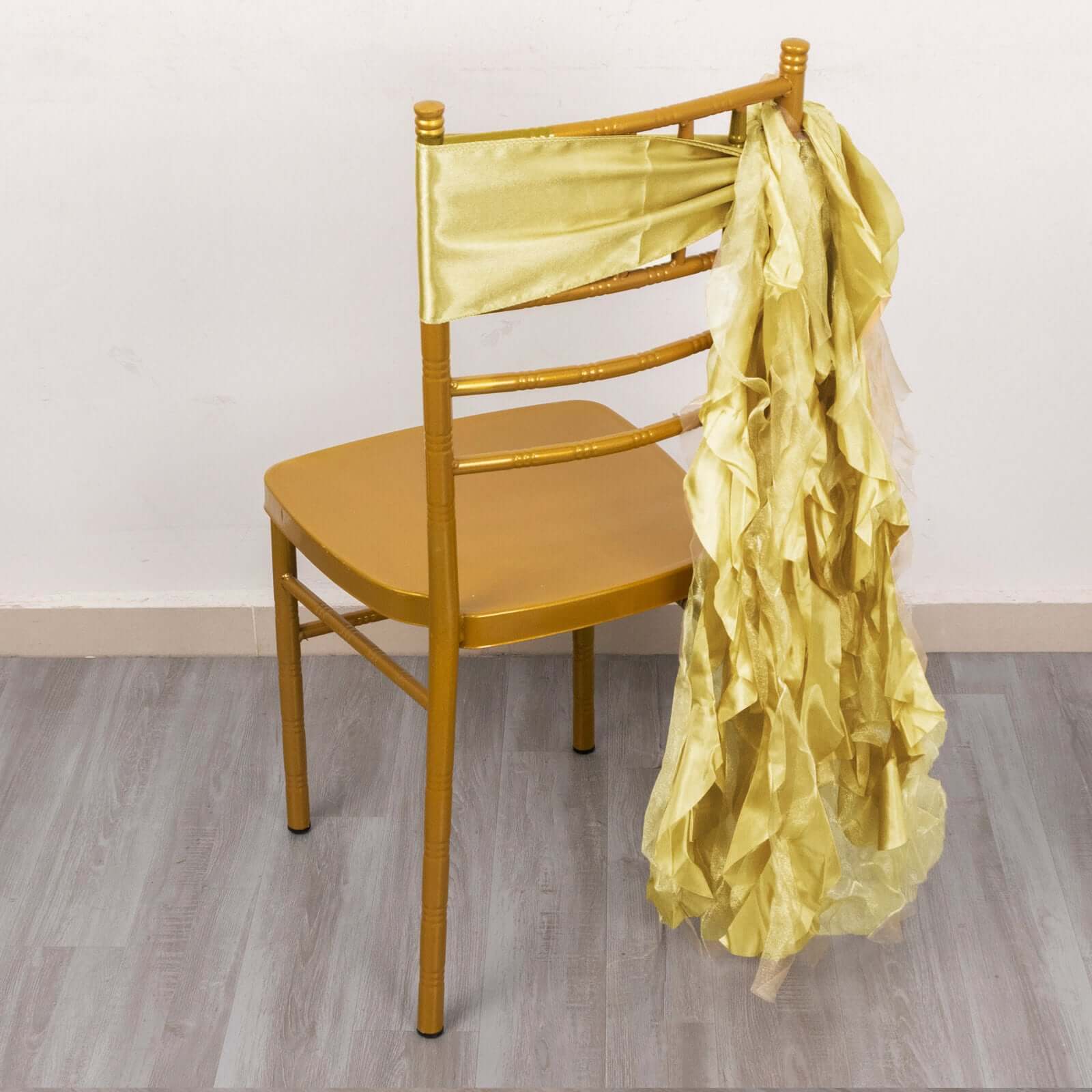 5 Pack Chiffon Satin Chair Sashes Champagne - Easy to Install Ruffled Curly Willow