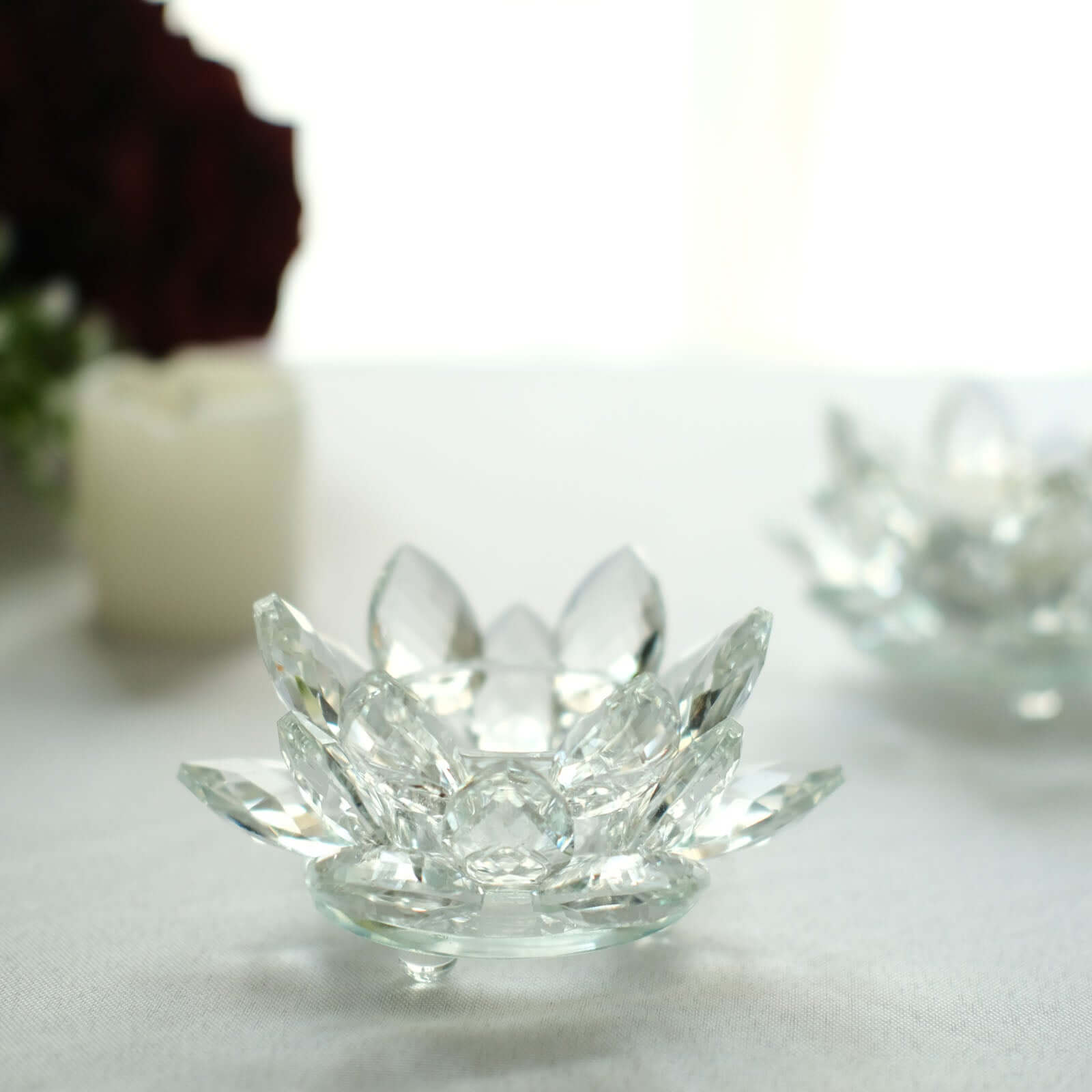 2 Pack Clear 4.5 Crystal Glass Lotus Flower Votive Candle Holders, Tealight Taper Candle Stands