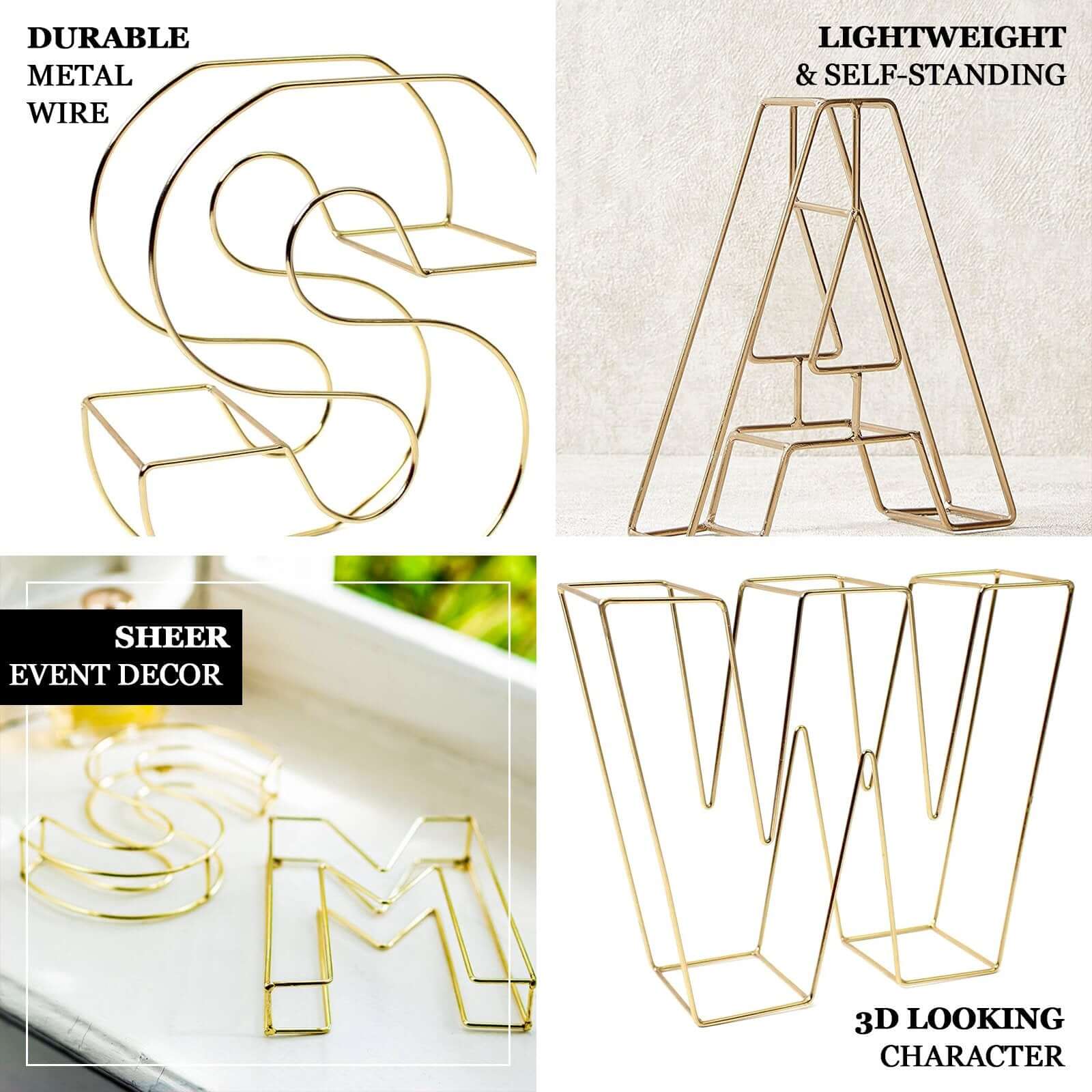 8 Tall Gold Freestanding 3D Decorative Wire Letter, Wedding Centerpiece - X