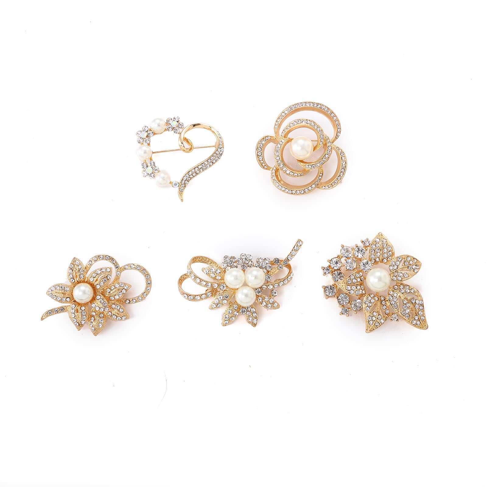 5 Pack Assorted Gold Plated Pearl and Rhinestone Brooches Floral Sash Pin Brooch Bouquet Decor