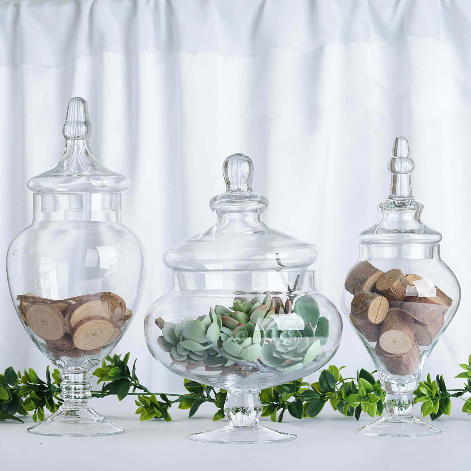 Set of 3 Glass Candy Jars Pedestal Apothecary Design Clear with Snap-On Lids - Stylish Party Favor Containers 10/12/14