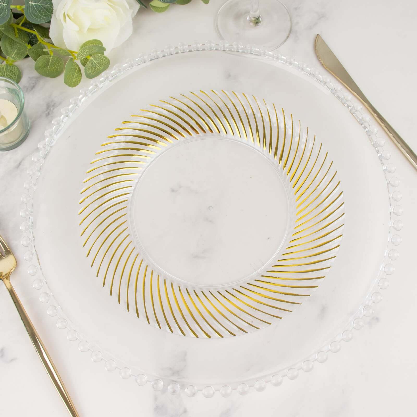 10-Pack Plastic 9 Round Dinner Plates Clear with Gold Swirl Rim - Disposable Party Plates for Classy Events & Banquets