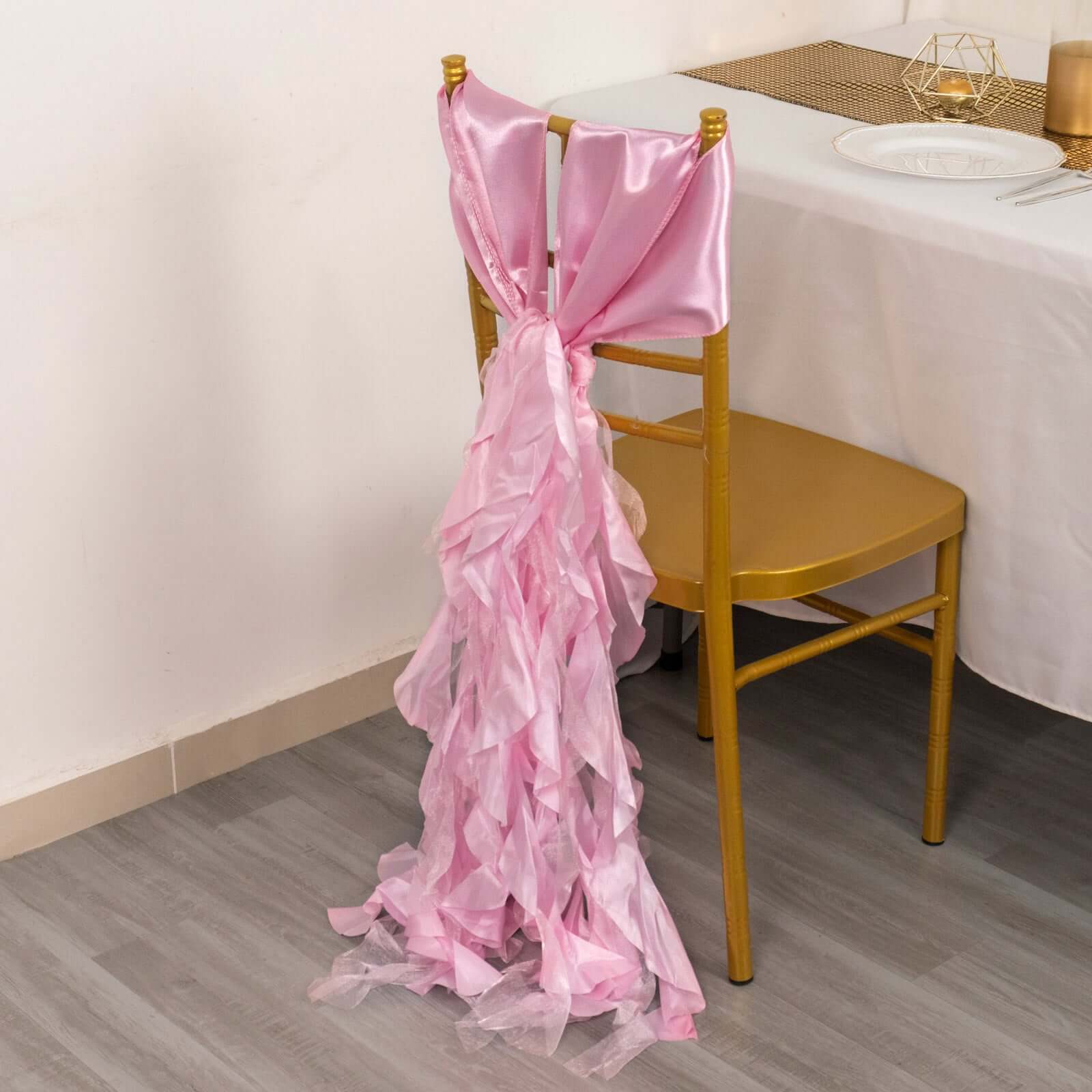 5 Pack Chiffon Satin Chair Sashes Pink - Easy to Install Ruffled Curly Willow