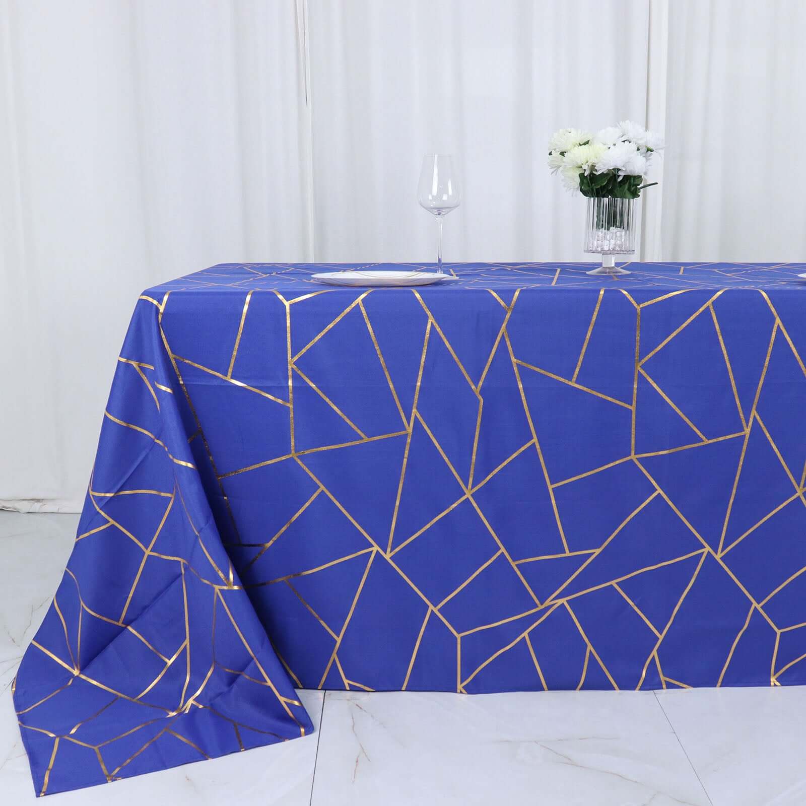 Polyester 90x132 Rectangle Tablecloth Royal Blue with Gold Foil Geometric Pattern - Wrinkle-Resistant Seamless Table Cover
