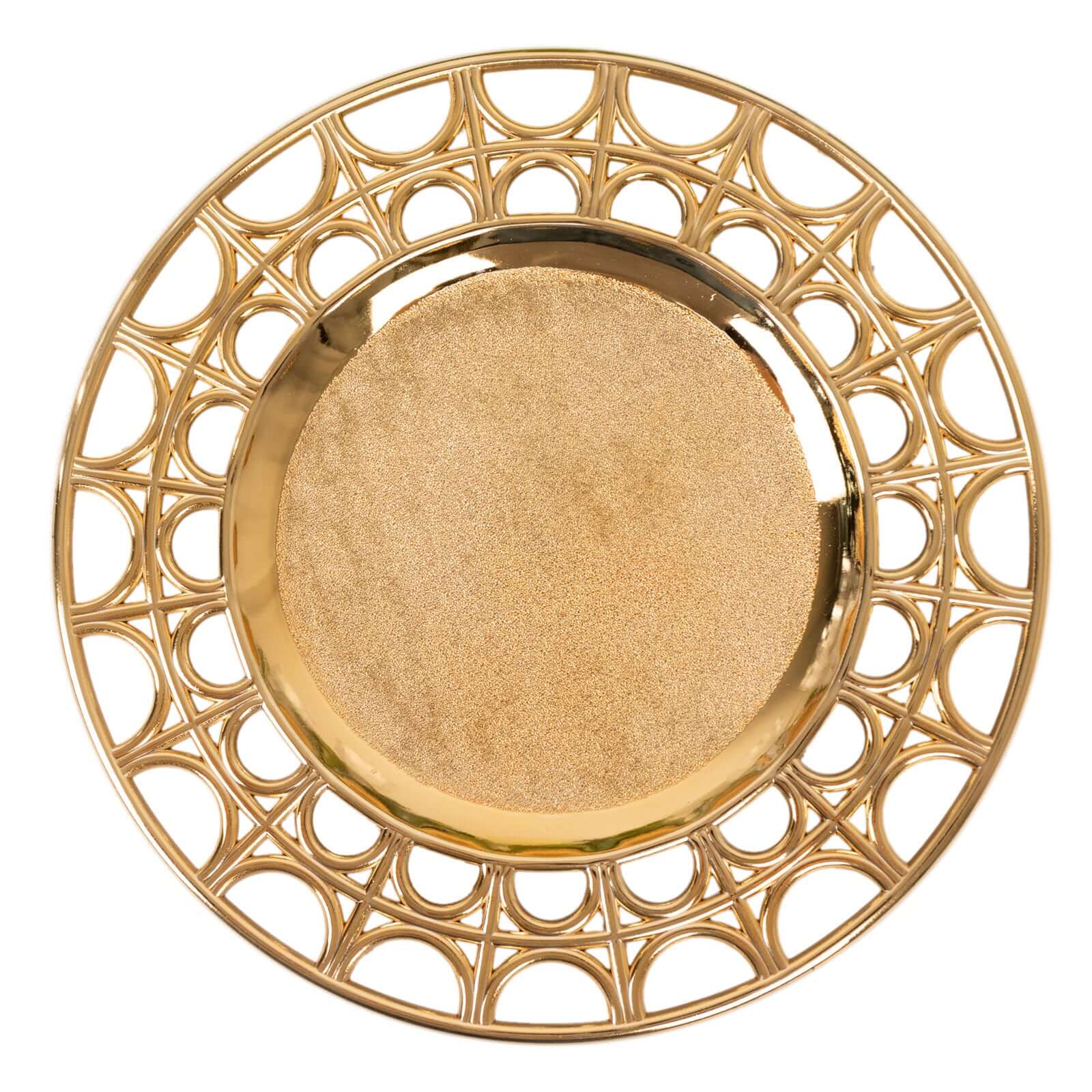 6-Pack Acrylic Round Charger Plates 13 in Metallic Gold with Hollow Semi Circle Rim, Plastic Decorative Charger Tableware