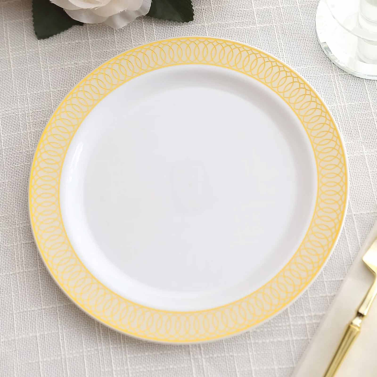 10-Pack Plastic Round Dessert Plates 7 White with Beige Gold Spiral Rim - Disposable Salad Plates