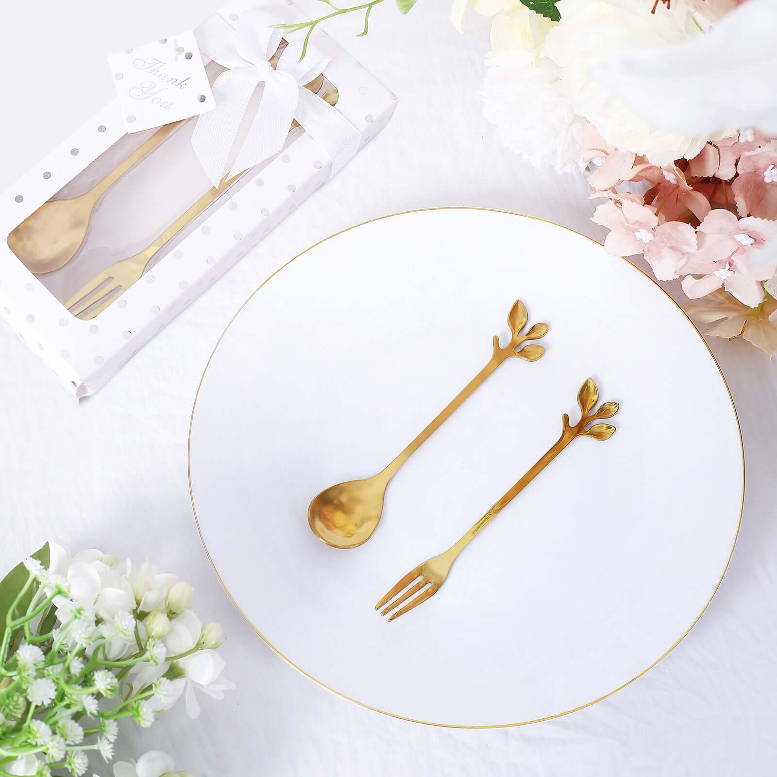 Gold Metal Spoon & Fork Pre-Packed Wedding Party Favors Set With Leaf Shaped Handle, Bridal Shower Souvenir Gift Box - 5