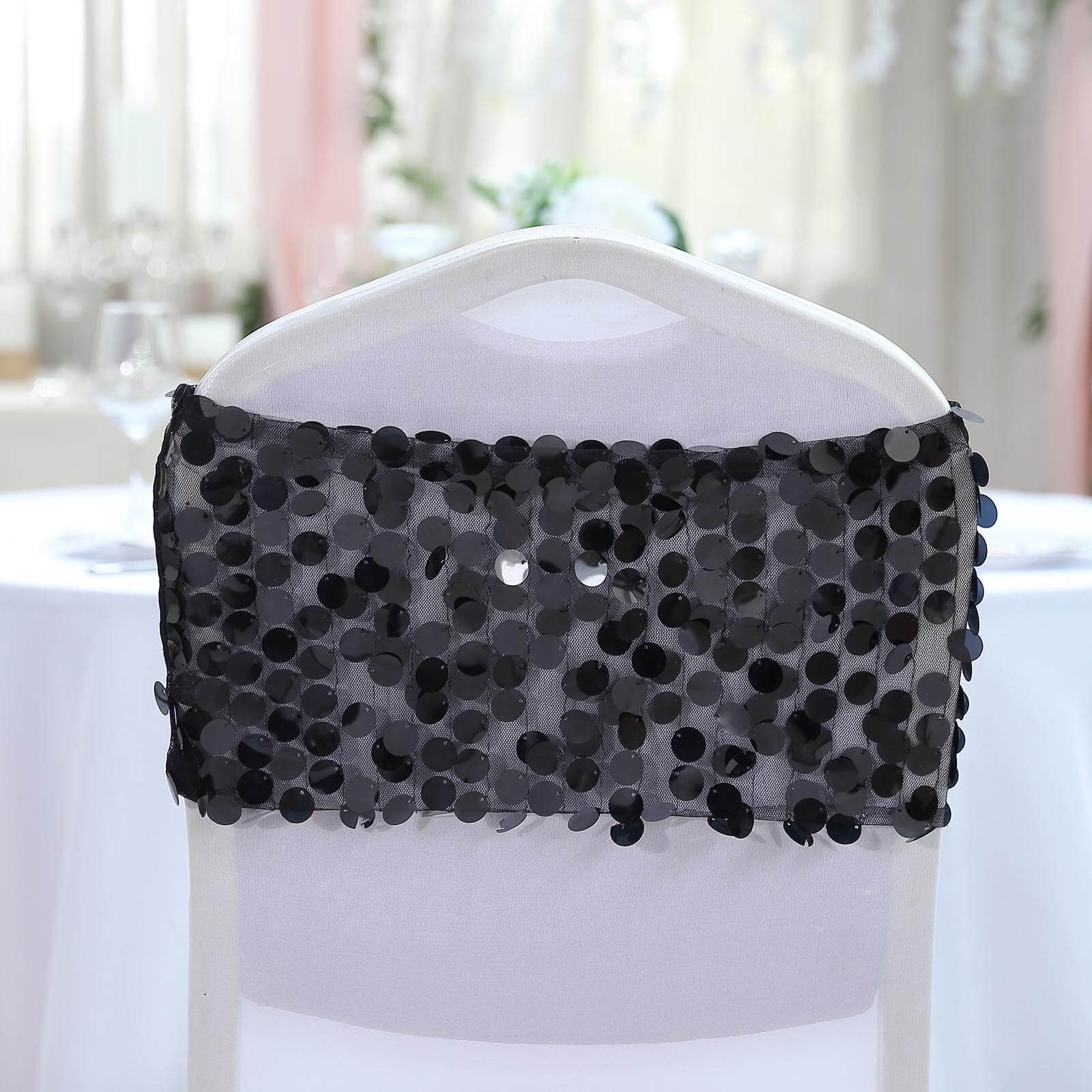 5 Pack Big Payette Sequin 13x10 Chair Sash Bands Black - Stylish Glittering Decor for Weddings & Gatherings