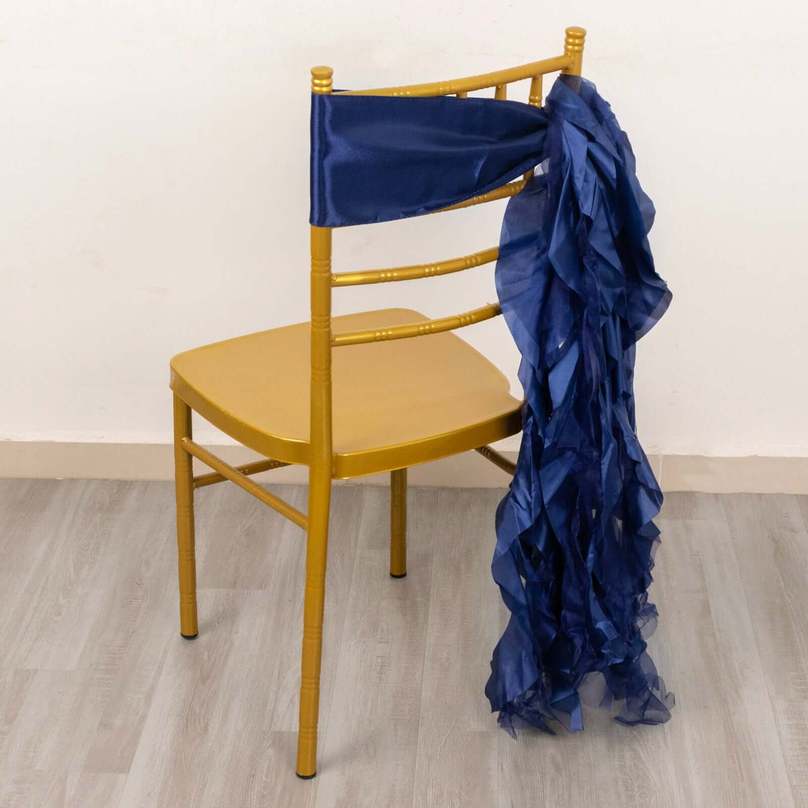 5 Pack Chiffon Satin Chair Sashes Navy Blue - Easy to Install Ruffled Curly Willow