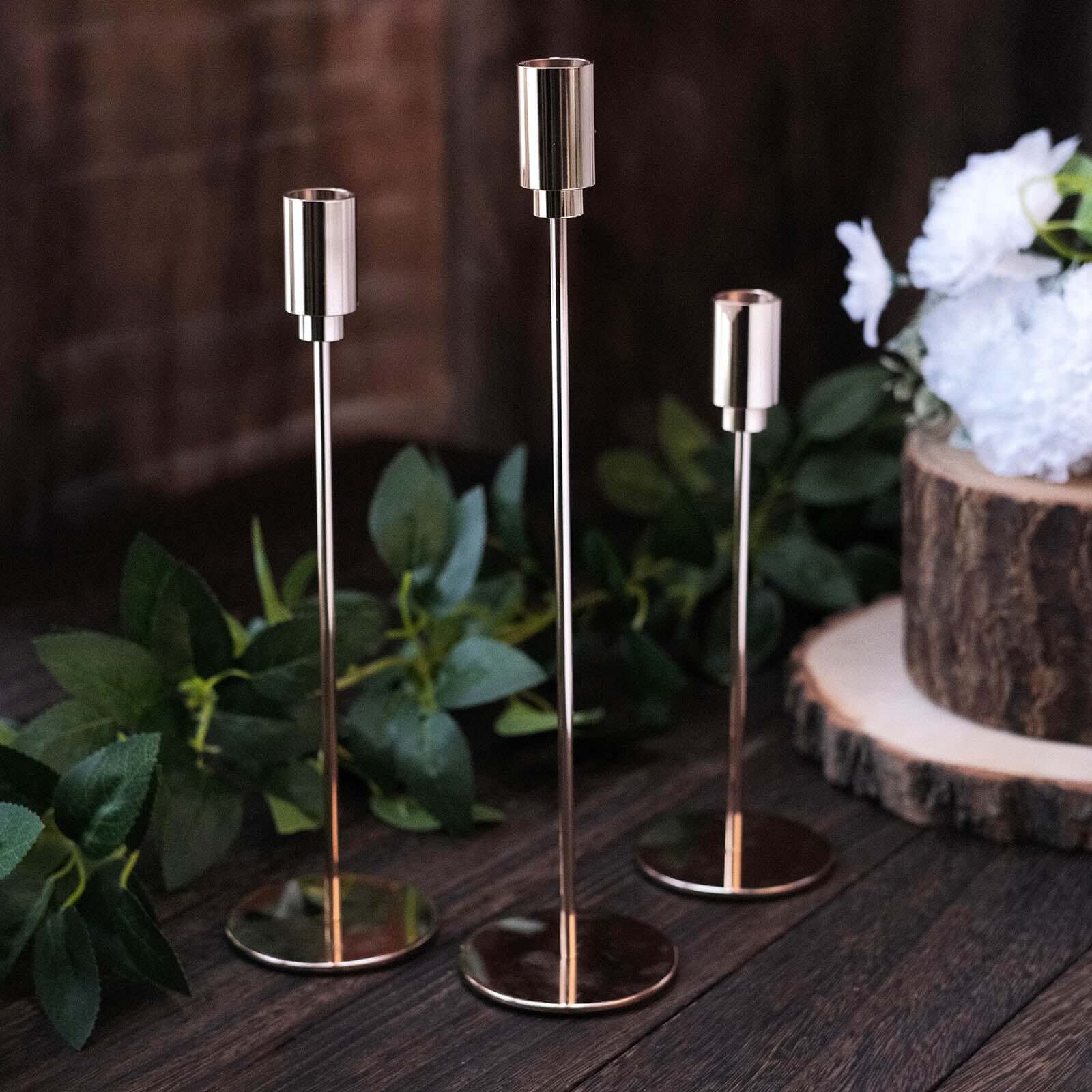 Set of 3 Taper Candle Stands Gold Metal Decorative Round Base Design - Wedding Table Accents 9, 10, 13