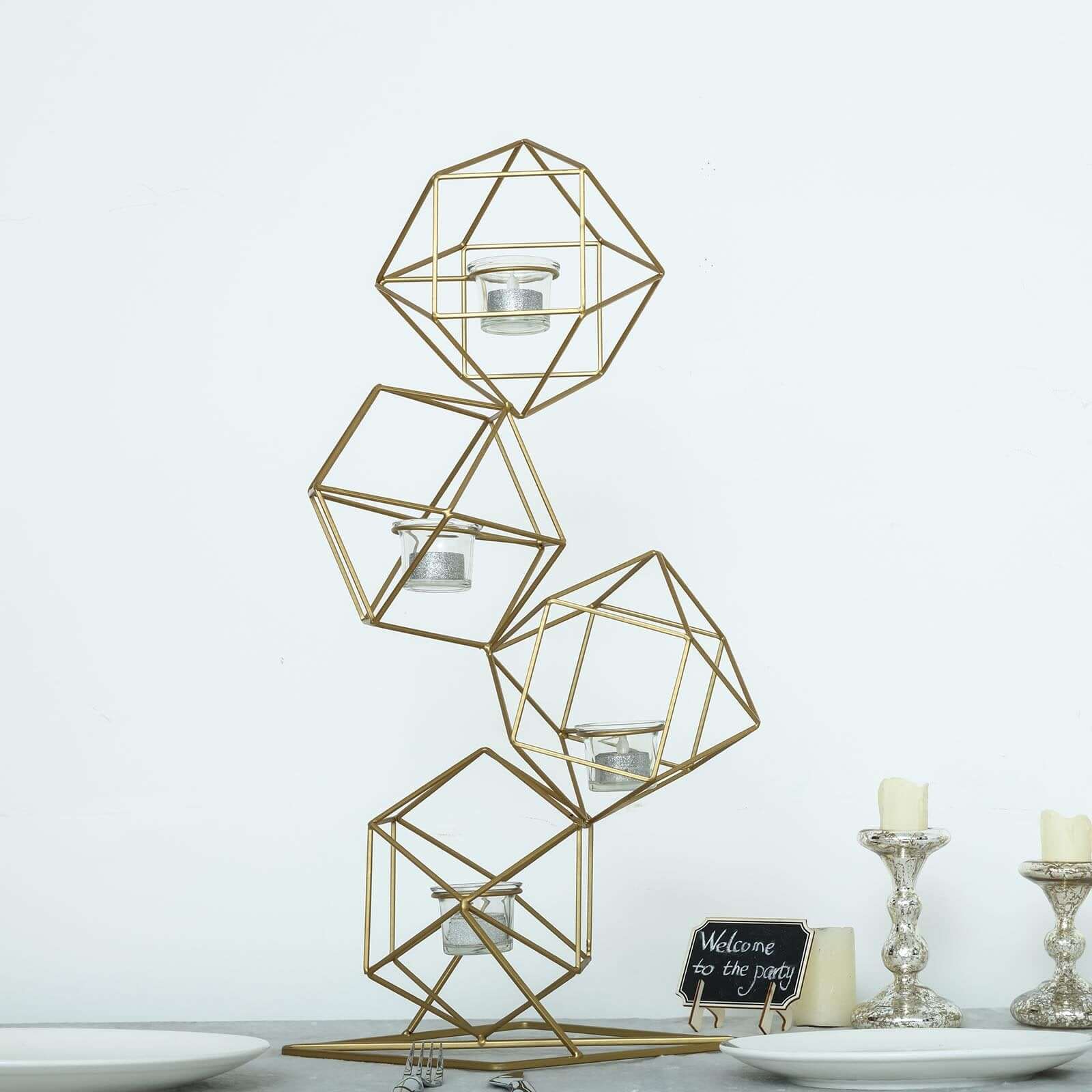 Tealight Candle Holder Metal Linked Geometric Design Gold with Votive Glass Holders - Sophisticated Decor for Tables & Gatherings 25