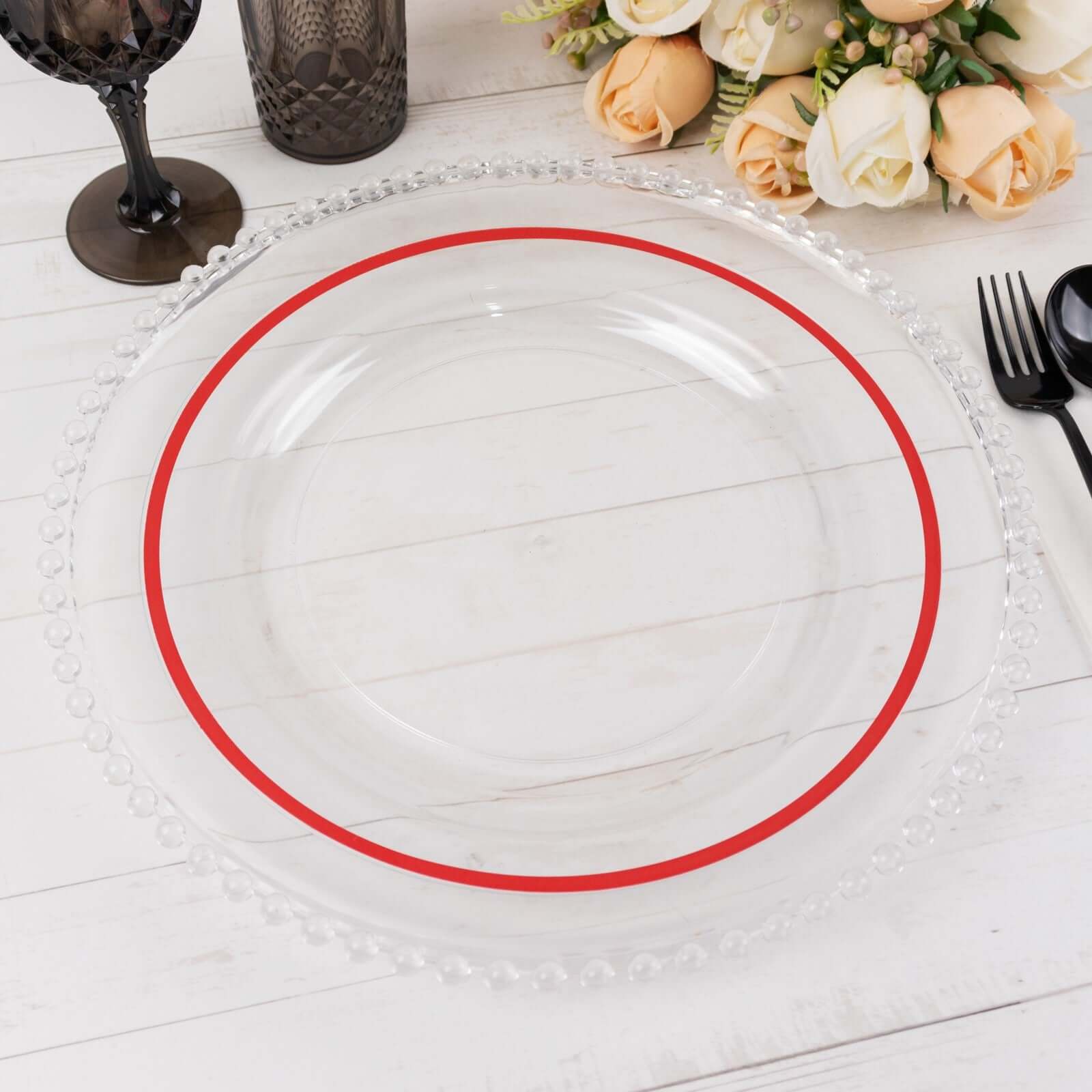 10-Pack Plastic 10 Round Dinner Plates in Clear with Red Rim - Disposable Party Plates for Classy Banquets & Special Occasions