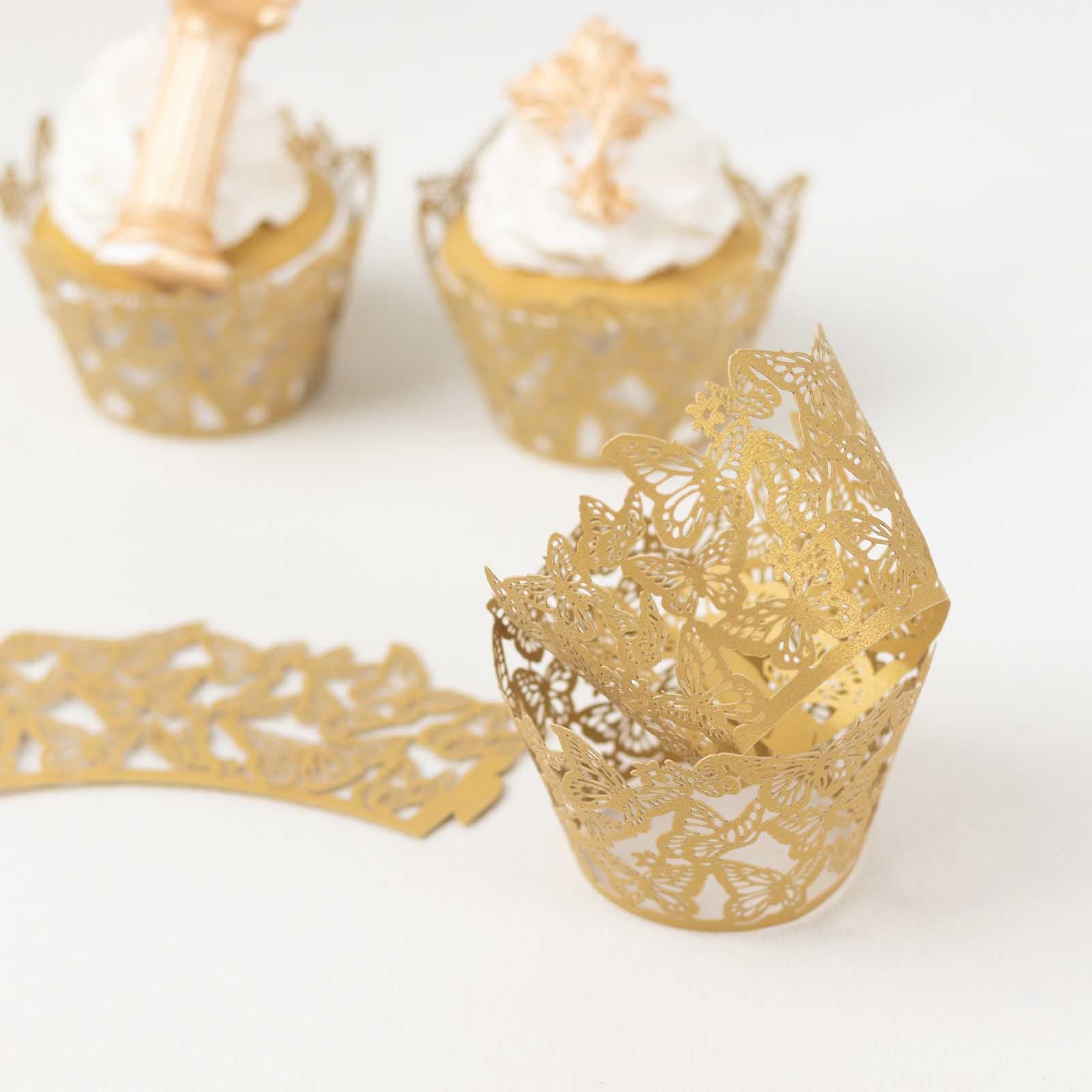 25-Pack Paper Cupcake Liners Butterfly Lace Pattern Design Gold - Round Muffin Wrapper Cups 3