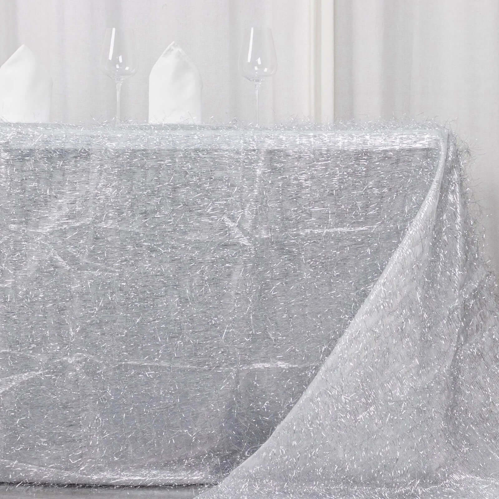 Polyester 90x156 Rectangle Tablecloth Silver Metallic Fringe Shag Tinsel Table Cover