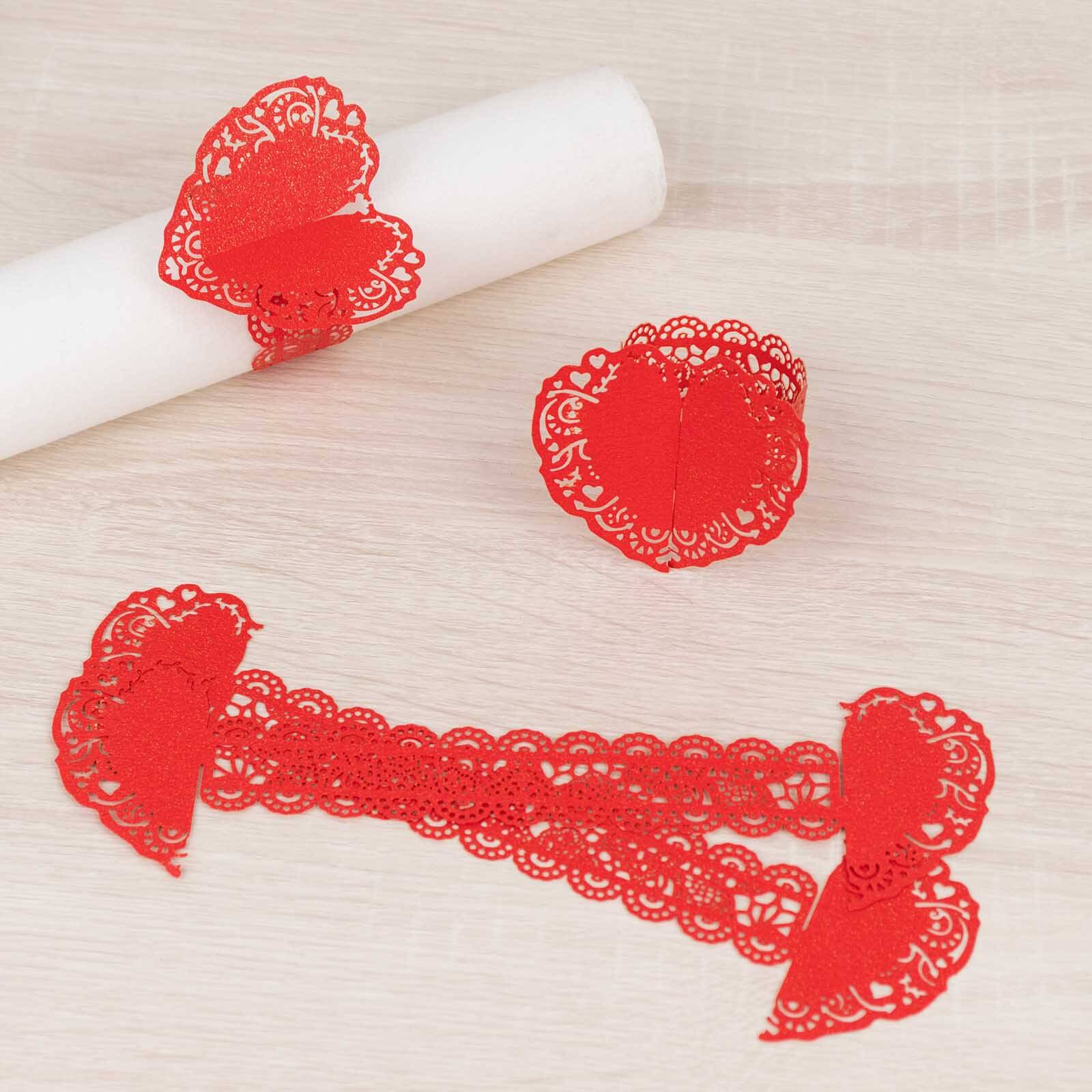 12 Pack Red Shimmery Laser Cut Heart Paper Napkin Holders with Lace Pattern, Disposable Napkin Rings Bands