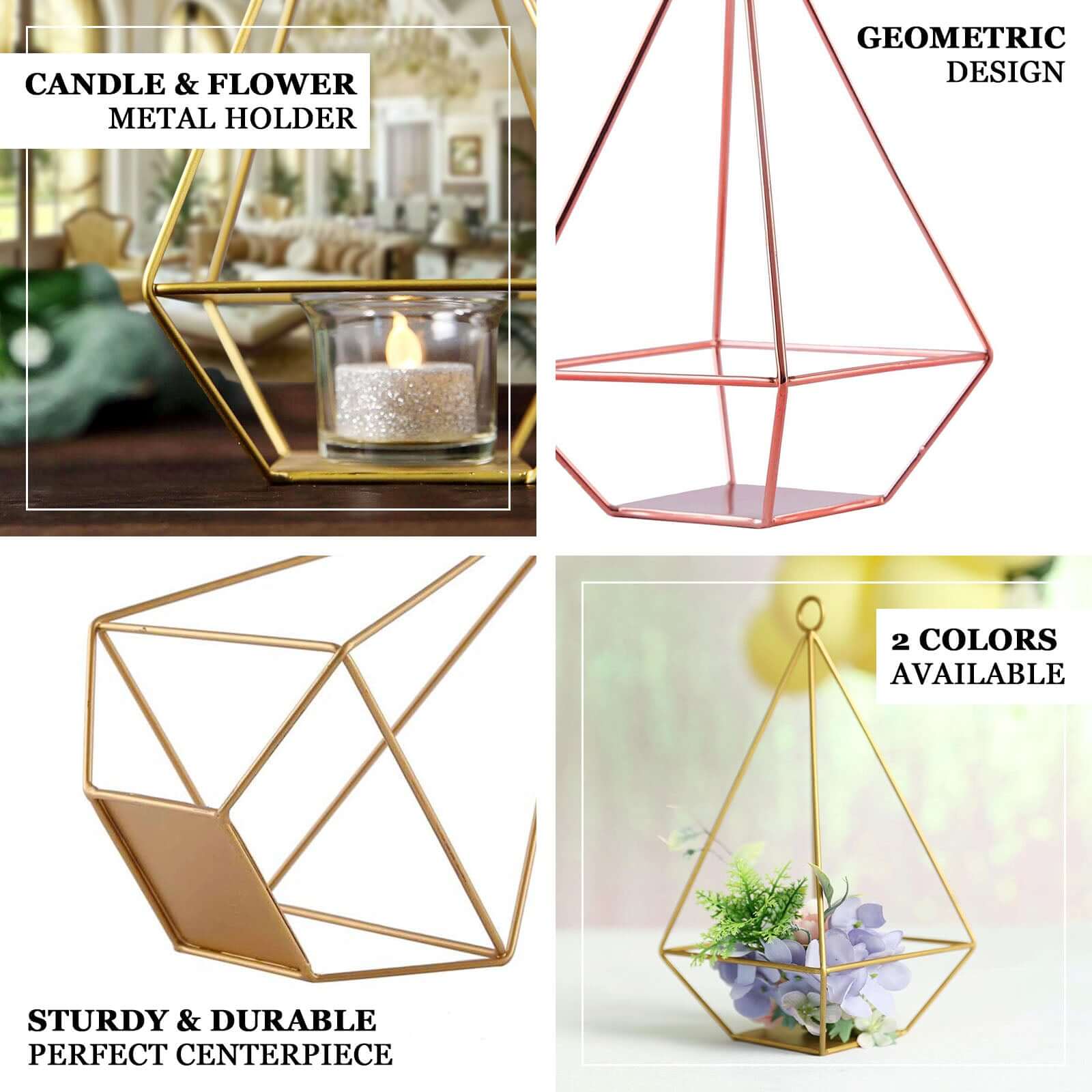 2-Pack Tealight Candle Holders Rose Gold Metal Pyramid Geometric Open Frame - Flower Stand 9