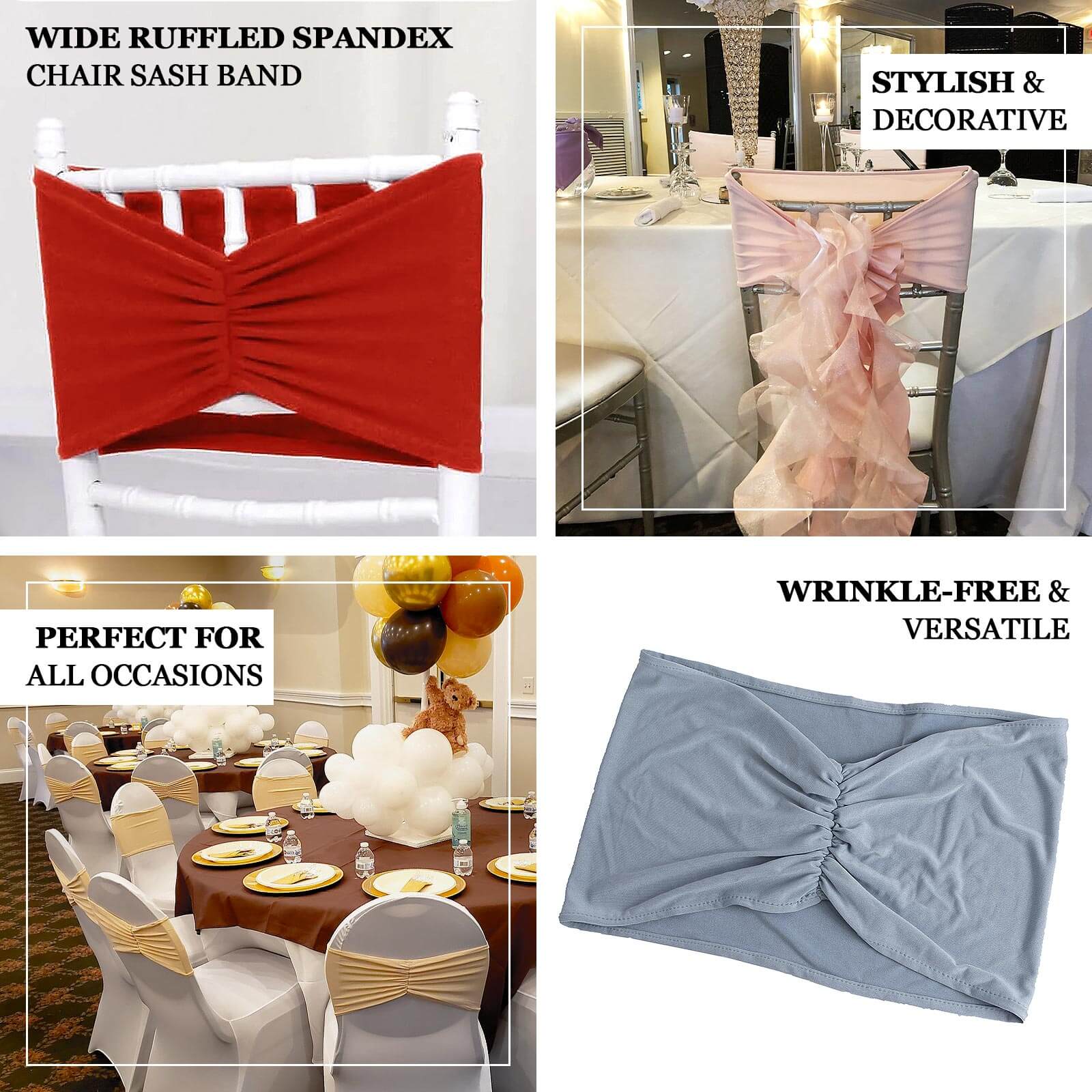 5 Pack Spandex Chair Sashes Red Ruffled Style - Wide Easy to Use Stretch Chair Bands 8x13