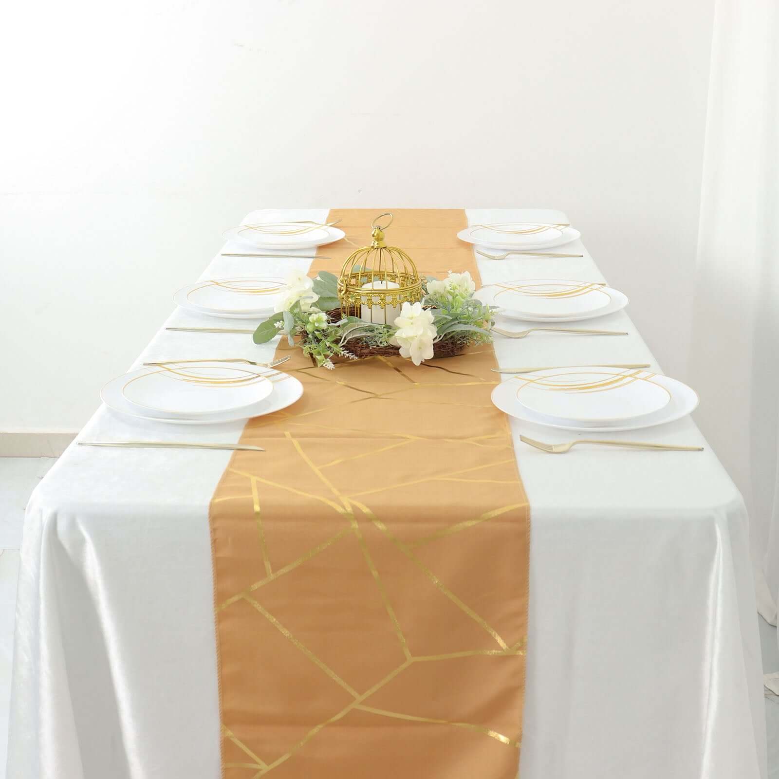 Polyester 9ft Table Runner Gold with Gold Foil Geometric Pattern - Modern & Stylish Table Decor