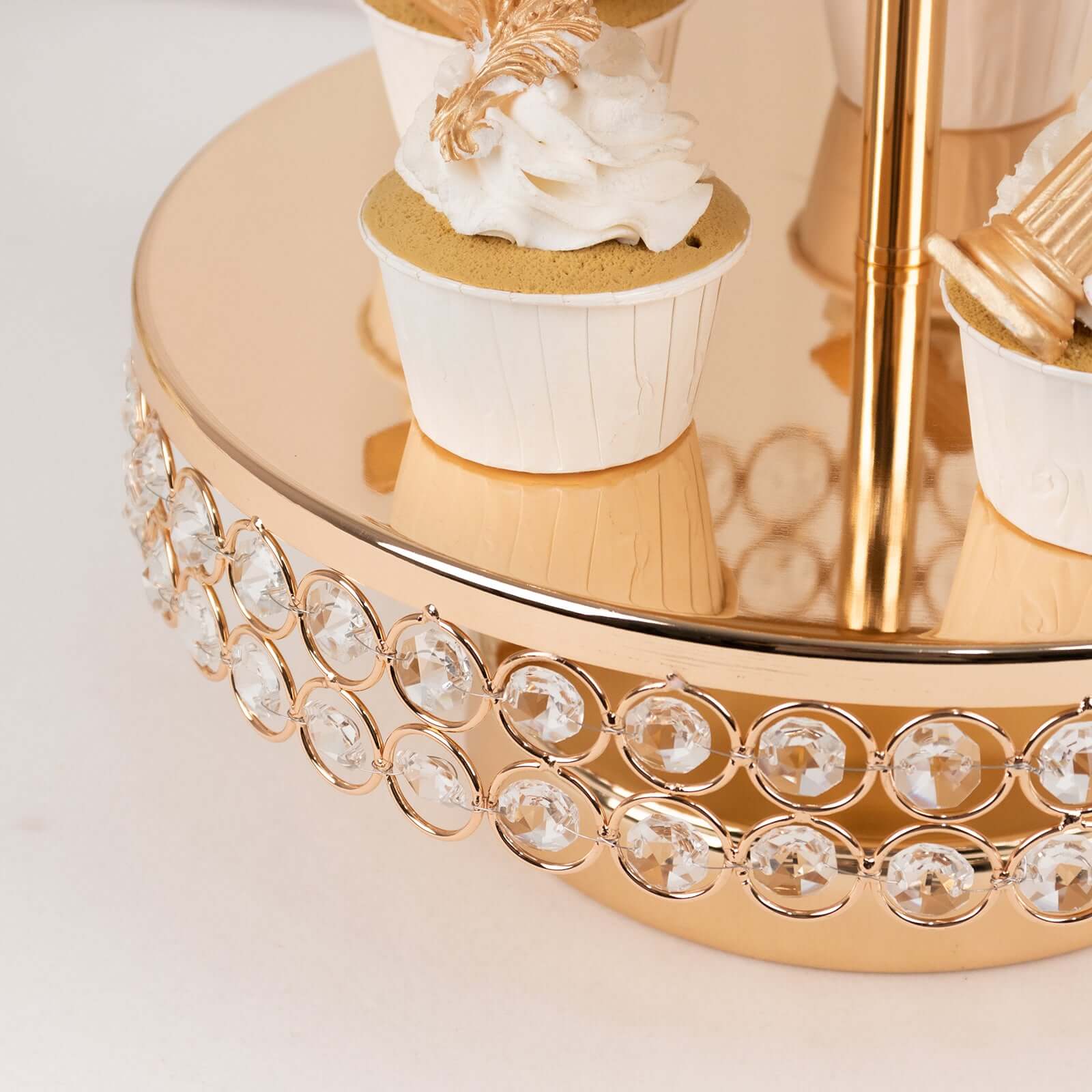 3-Tier Cake Stand Crystal Beaded Gold with Round Mirror Top - Metal Cupcake Tower Dessert Display 26