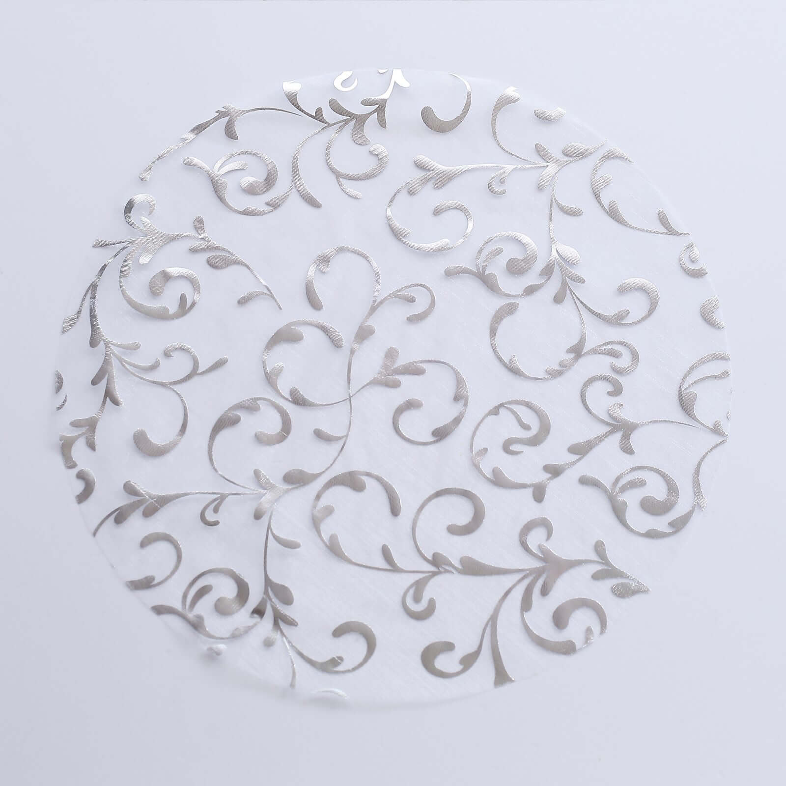 10-Pack Table Placemats Embossed Foil Flower Design Metallic Silver Round - Sheer Organza Disposable Mats 13