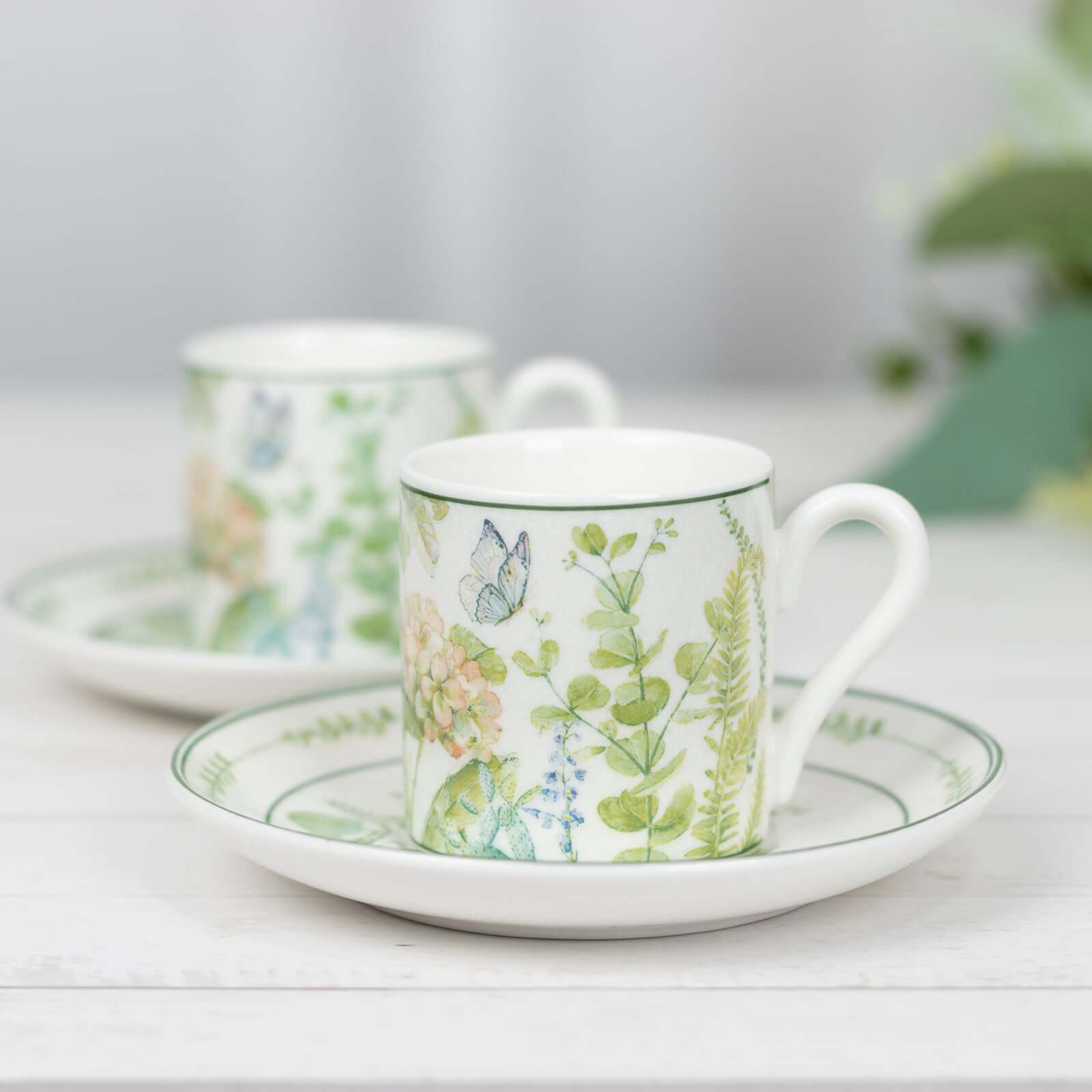 Greenery Theme Bridal Shower Gift Set, Set of 2 Porcelain Espresso Cups and Saucers with Matching Keepsake Box