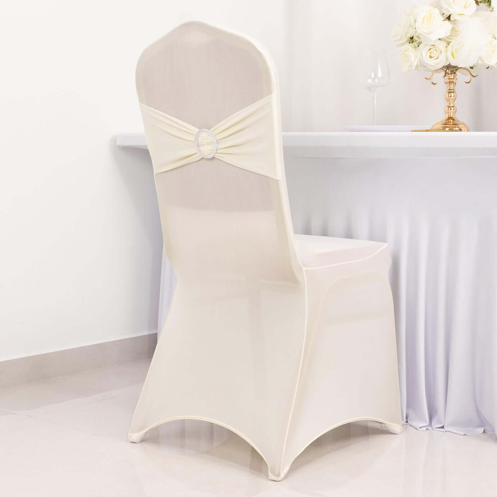 Spandex Chair Cover with Ivory Rhinestone Buckled Sash Band Blush - Stretch Fitted Slipcover