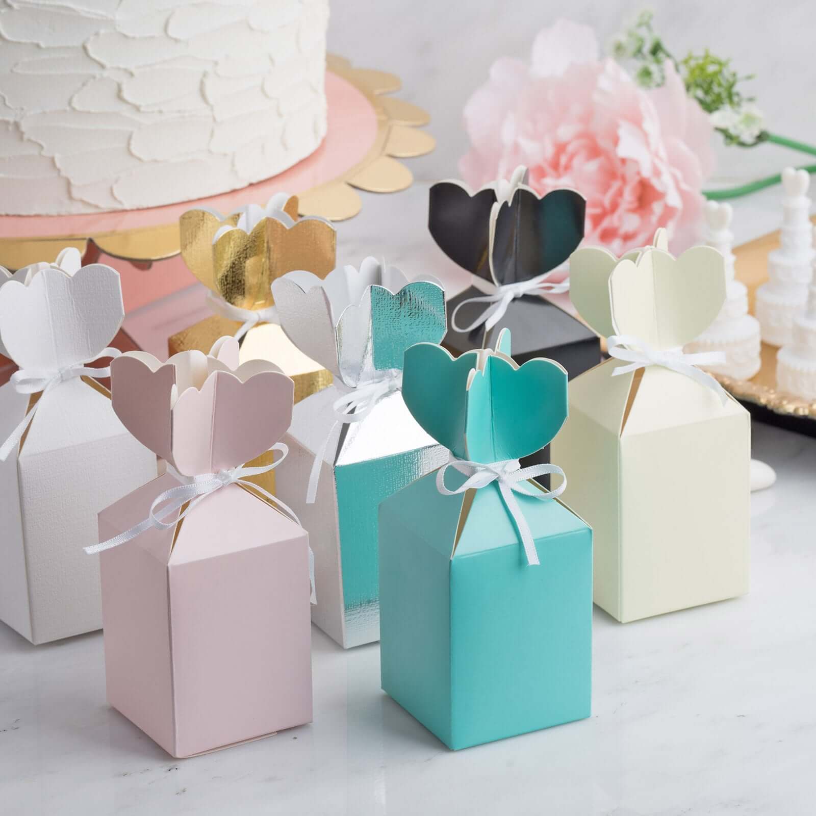 25 Pack Turquoise Floral Top Satin Ribbon Party Favor Candy Gift Box