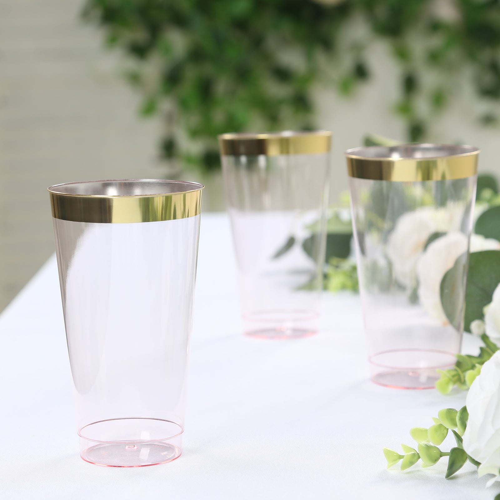 12-Pack Plastic Party Cups Transparent Blush with Gold Rim - Durable Disposable Tumblers for Drinks 17oz 5.5