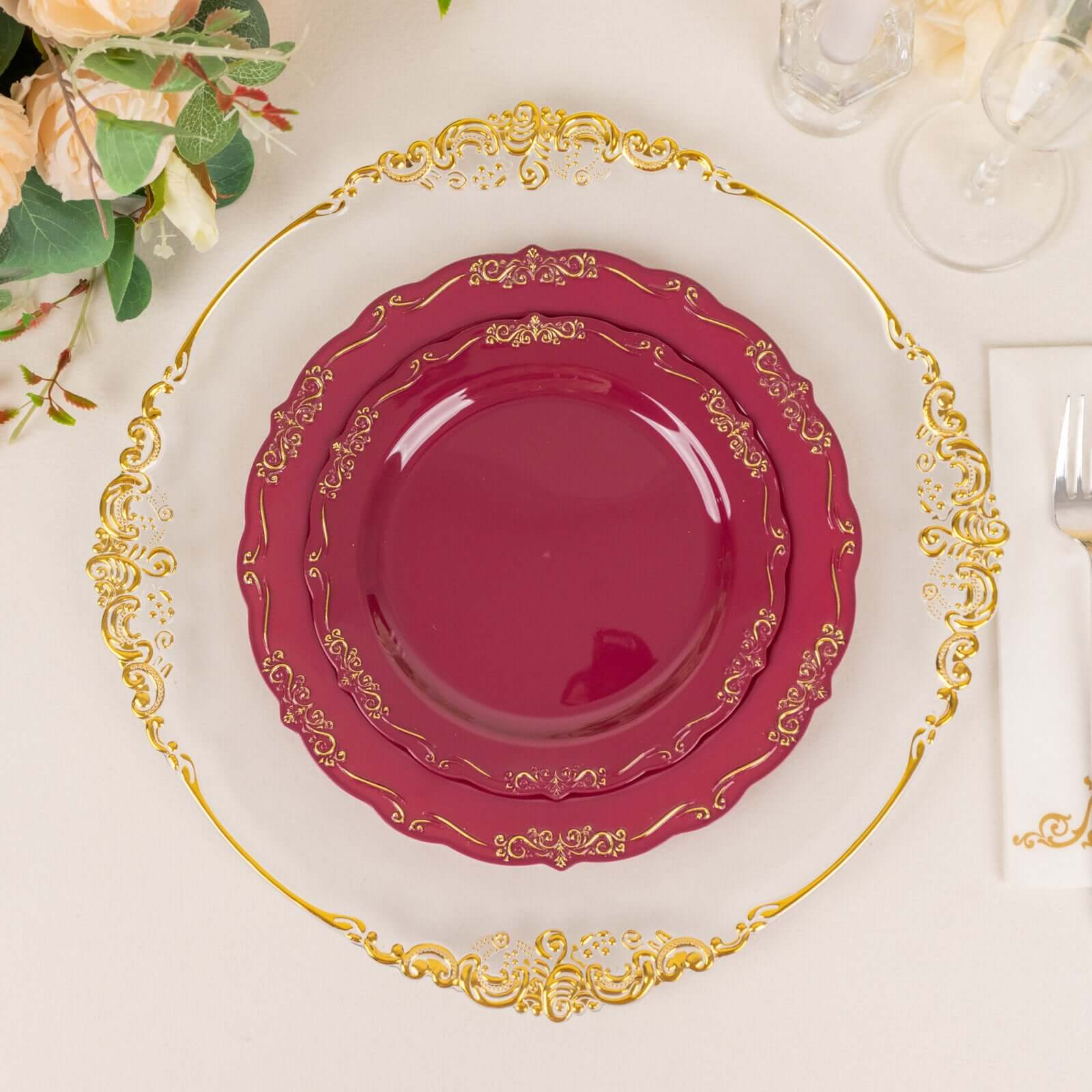 10-Pack Plastic 7 Round Dessert Plates in Burgundy with Gold Vintage Embossed Rim - Sturdy Disposable Scalloped Edge Salad Plates