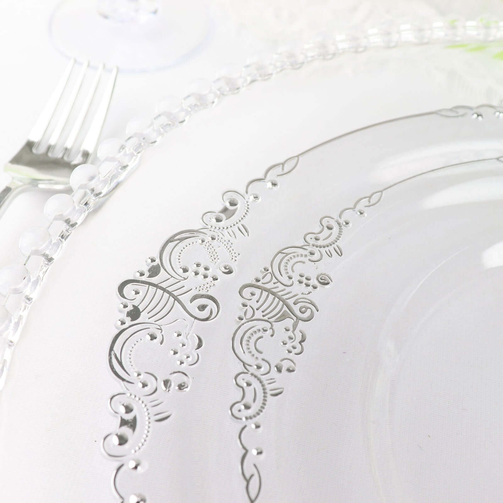 10-Pack Plastic 8 Round Dessert Plates in Clear with Silver Leaf Embossed Rim - Disposable Vintage Baroque Style Salad Plates