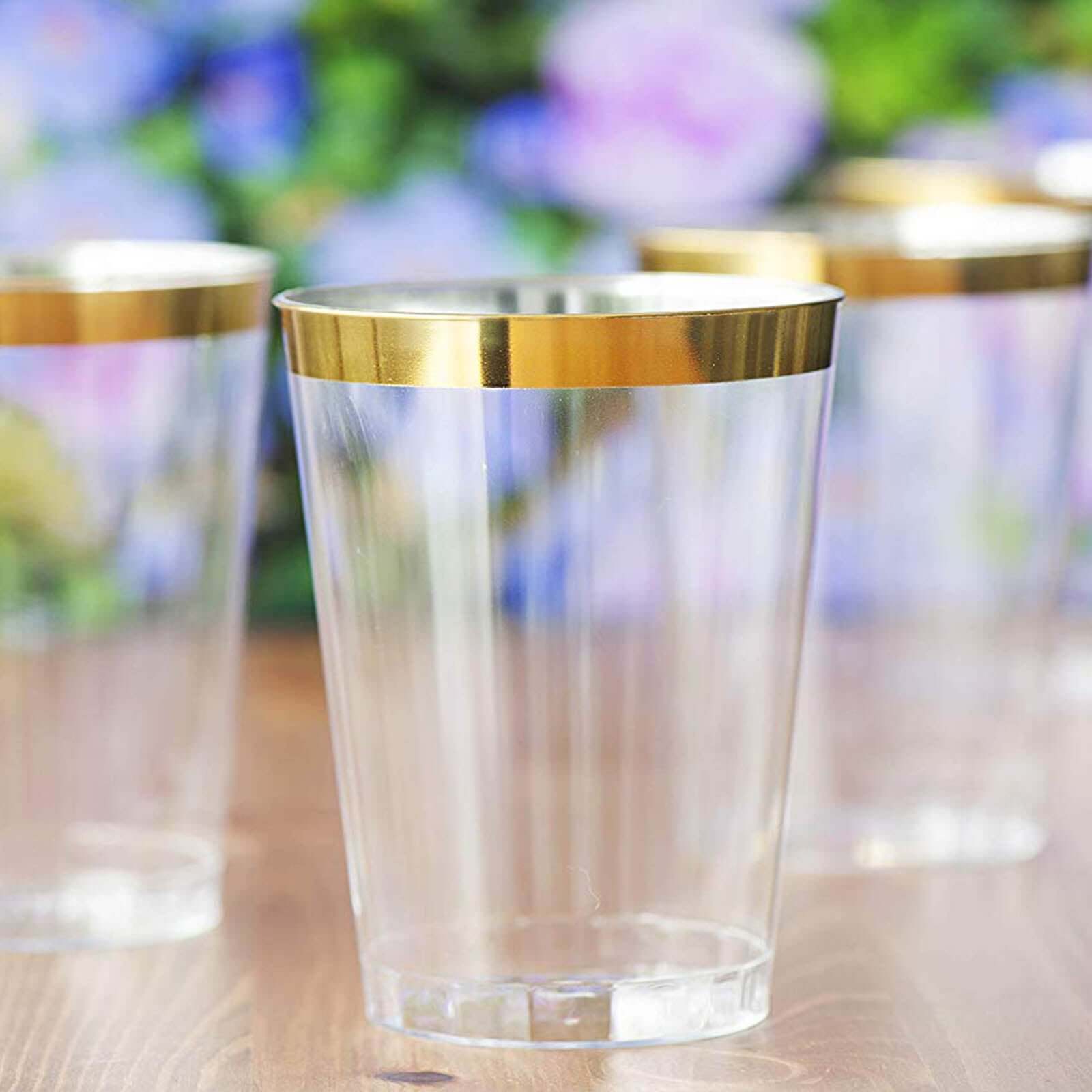 25-Pack Plastic Tumbler Cups Clear with Gold Rim - Stylish Disposable Party Glasses 10oz