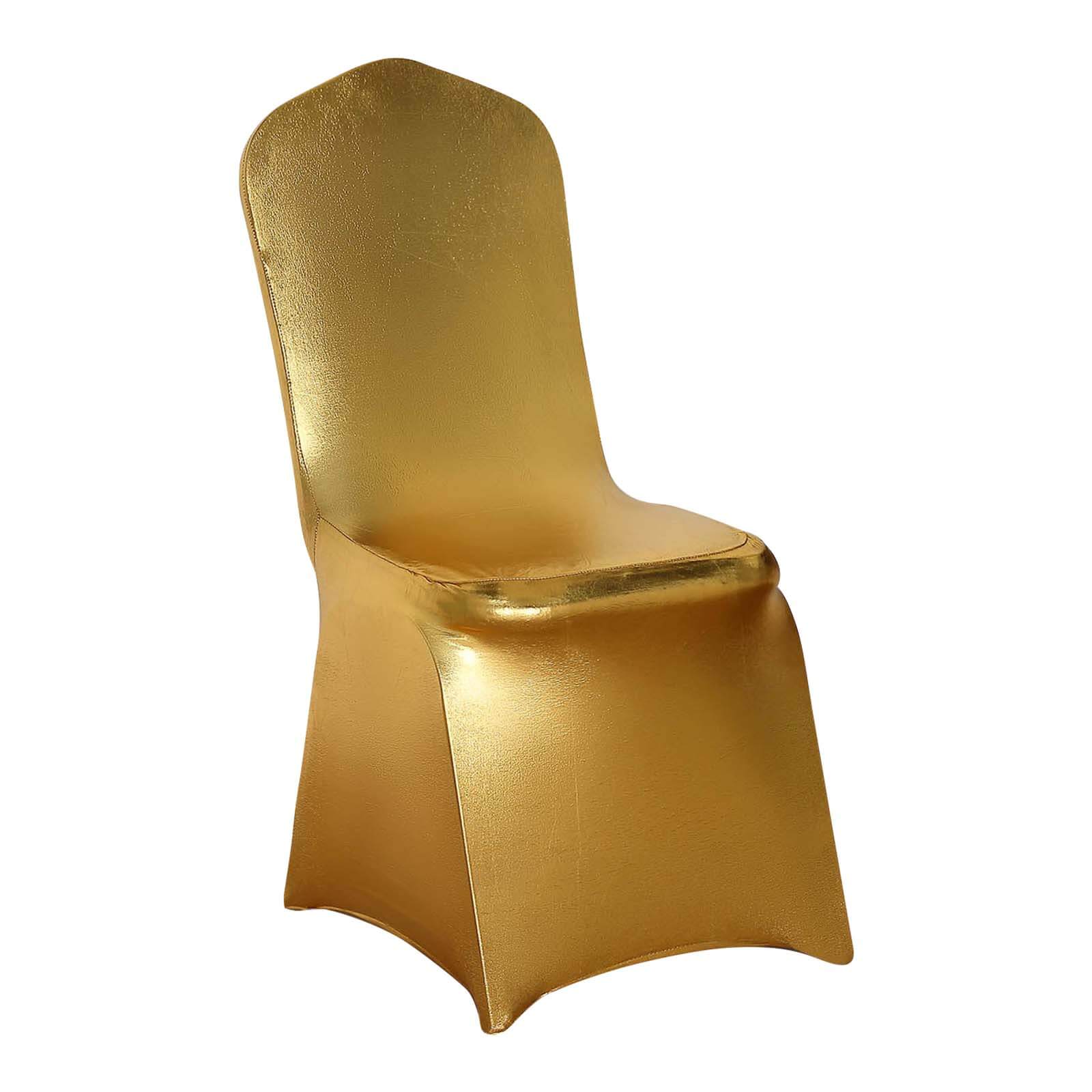 Spandex Banquet Chair Cover Metallic Gold Tinsel with Sash and Rhinestone Buckle - Luxe Shimmering Fitted Slipcover for Events