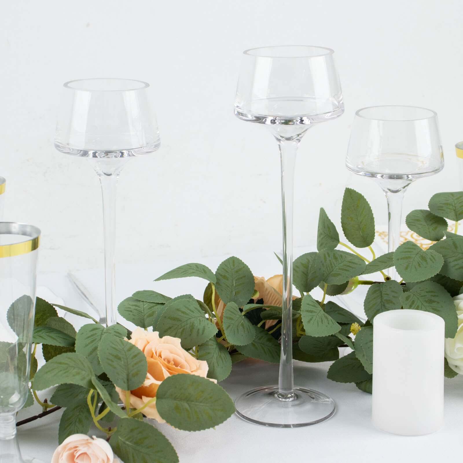 Set of 3 Glass Pedestal Vases Long Stem Clear - Tall Disc Candle Holders for Floral Centerpieces 8, 9, 10