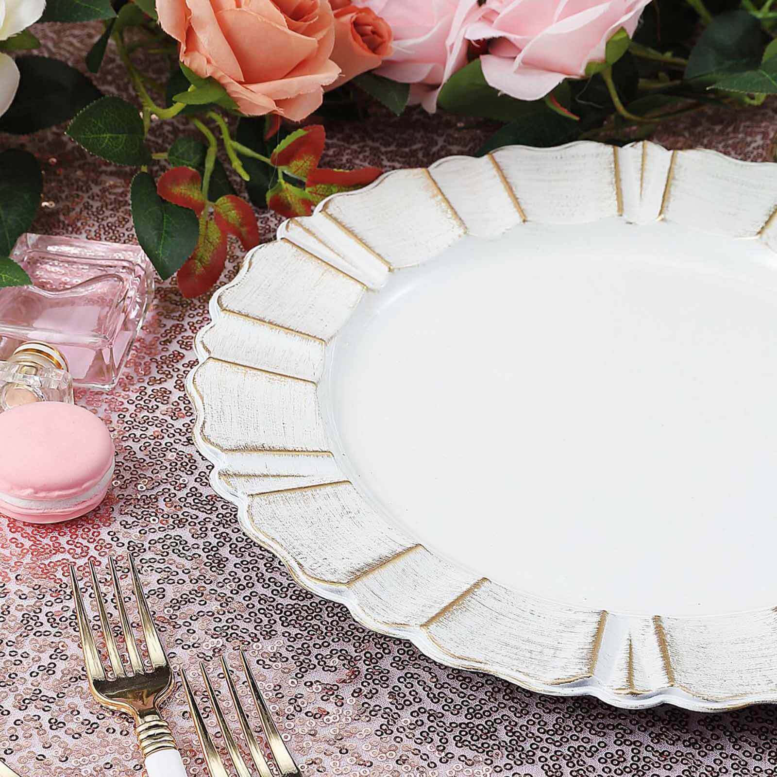 6-Pack Acrylic Plastic Round Charger Plates 13 in White with Gold Brushed Wavy Scalloped Rim, Decorative Dinner Party Charger Tableware