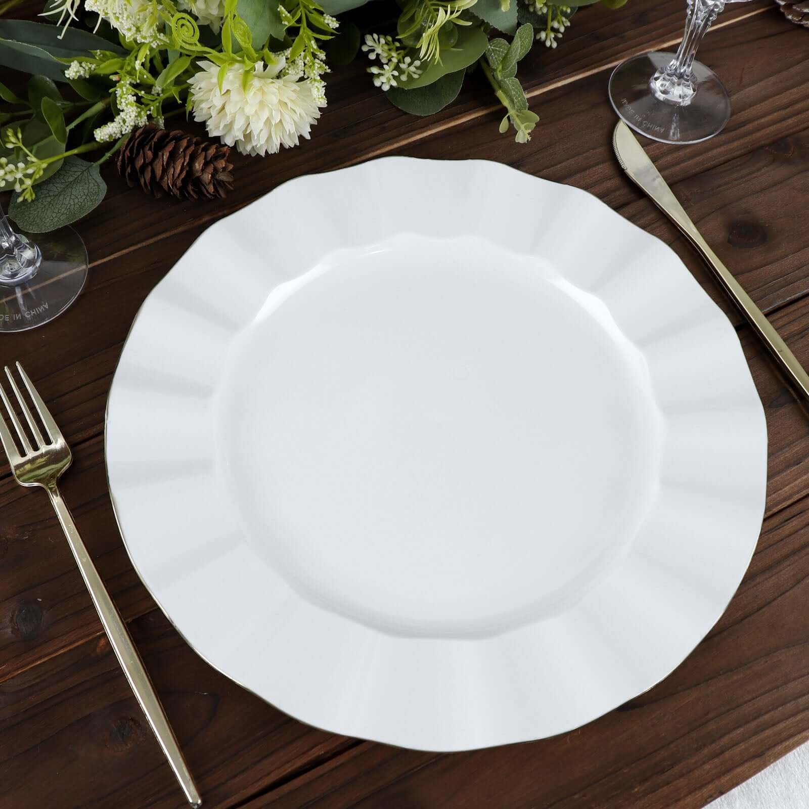 10-Pack Plastic 11 Round Dinner Plates in White Ruffled Rim with Gold Edging - Sturdy Disposable Dinnerware for Classy Events & Banquets