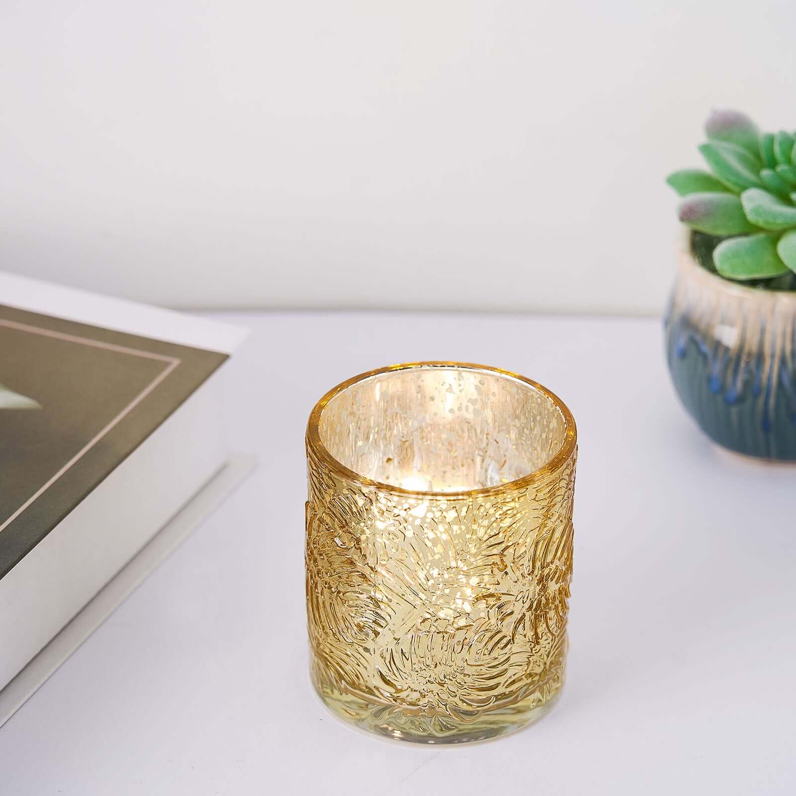 6-Pack Mercury Glass Candle Holders Gold Palm Leaf Design - Votive Tealight Holders for Events