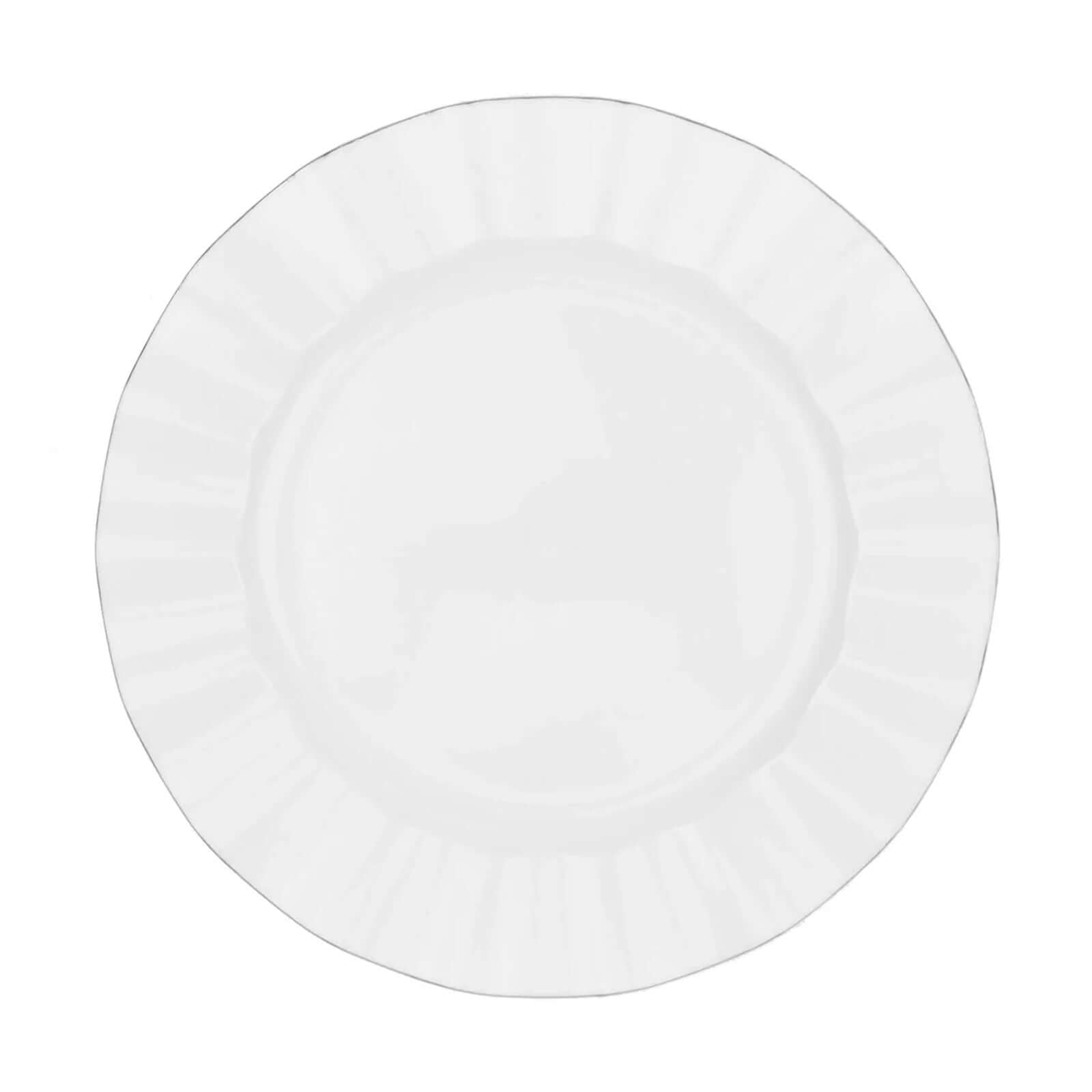 10-Pack Plastic 11 Round Dinner Plates in White Ruffled Rim with Gold Edging - Sturdy Disposable Dinnerware for Classy Events & Banquets