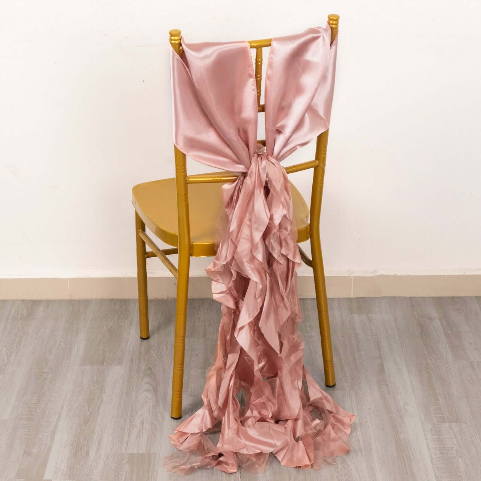 5 Pack Chiffon Satin Chair Sashes Mauve - Easy to Install Ruffled Curly Willow