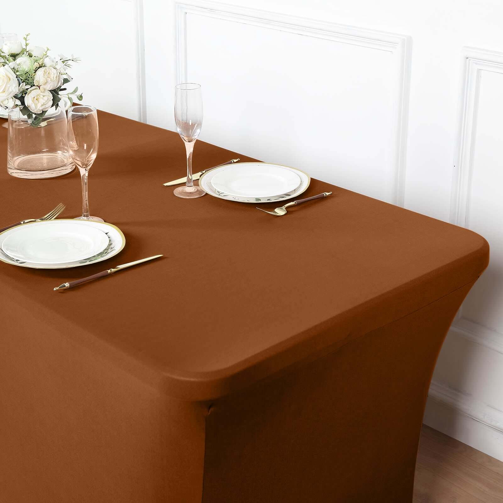 Stretch Spandex 6ft Rectangle Tablecloth Cinnamon Brown - Durable Form-Fitting Table Cover