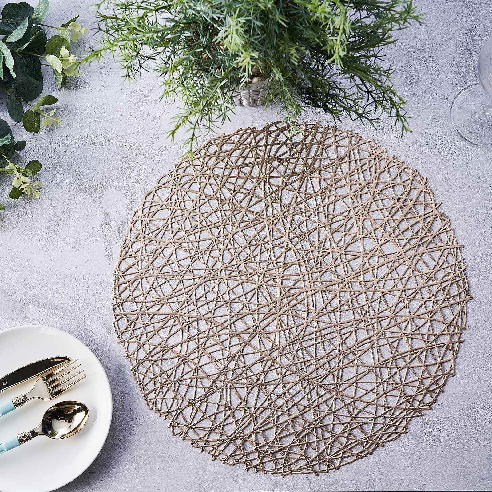 6-Pack Vinyl Placemats Champagne Woven Design - Durable Non-Slip Round Table Mats for Dining 15