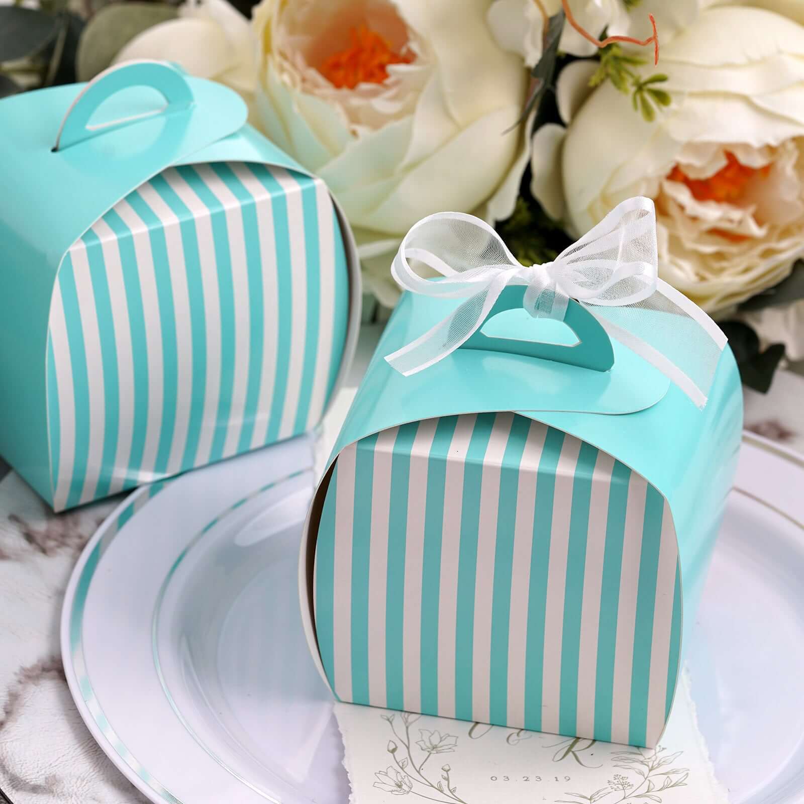 10 Pack 3.5 Turquoise White Striped Cupcake Candy Treat Gift Boxes