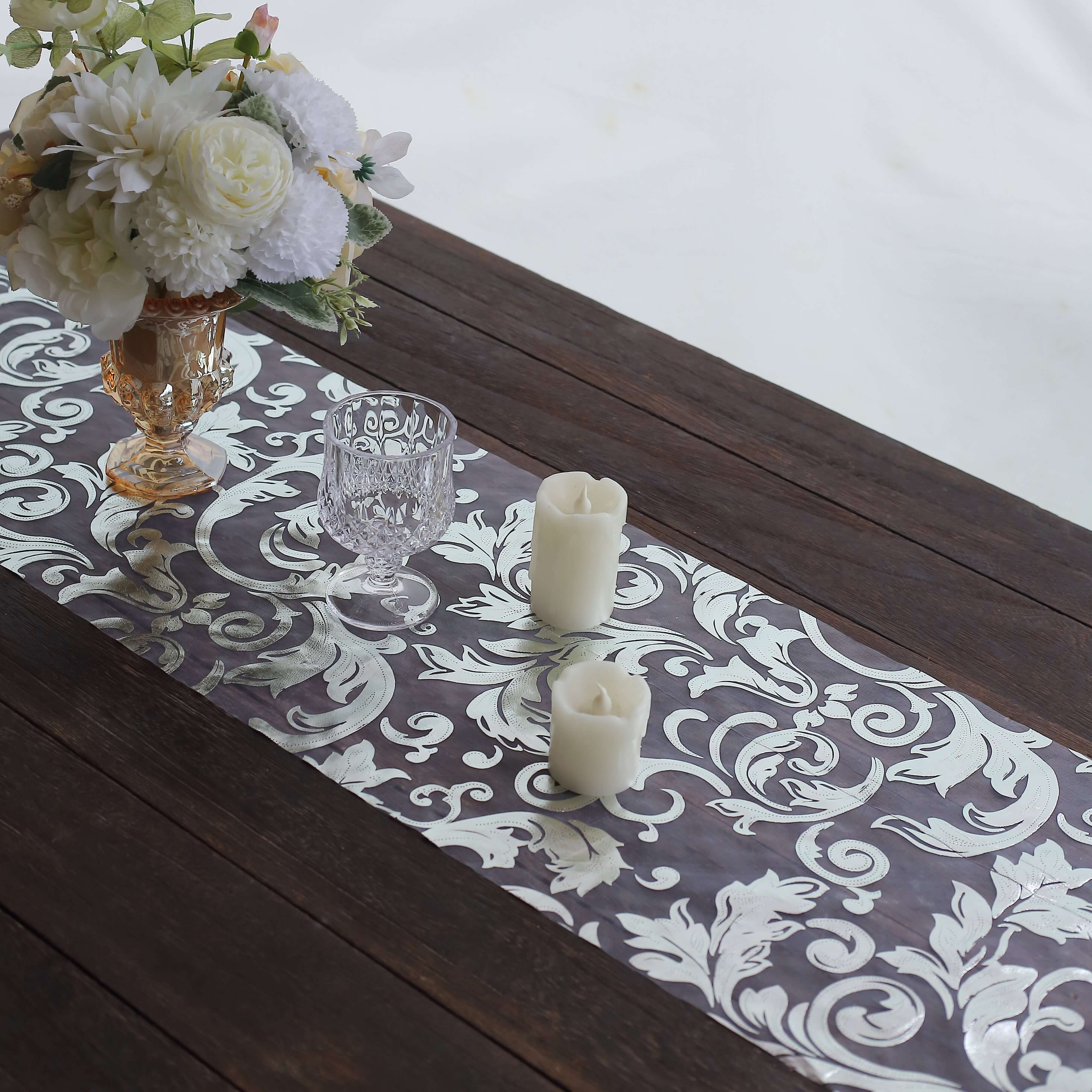 Sheer Organza 12x108 Table Runner Roll Metallic Silver Foil Floral Swirl Design - Disposable Stylish Event Decoration