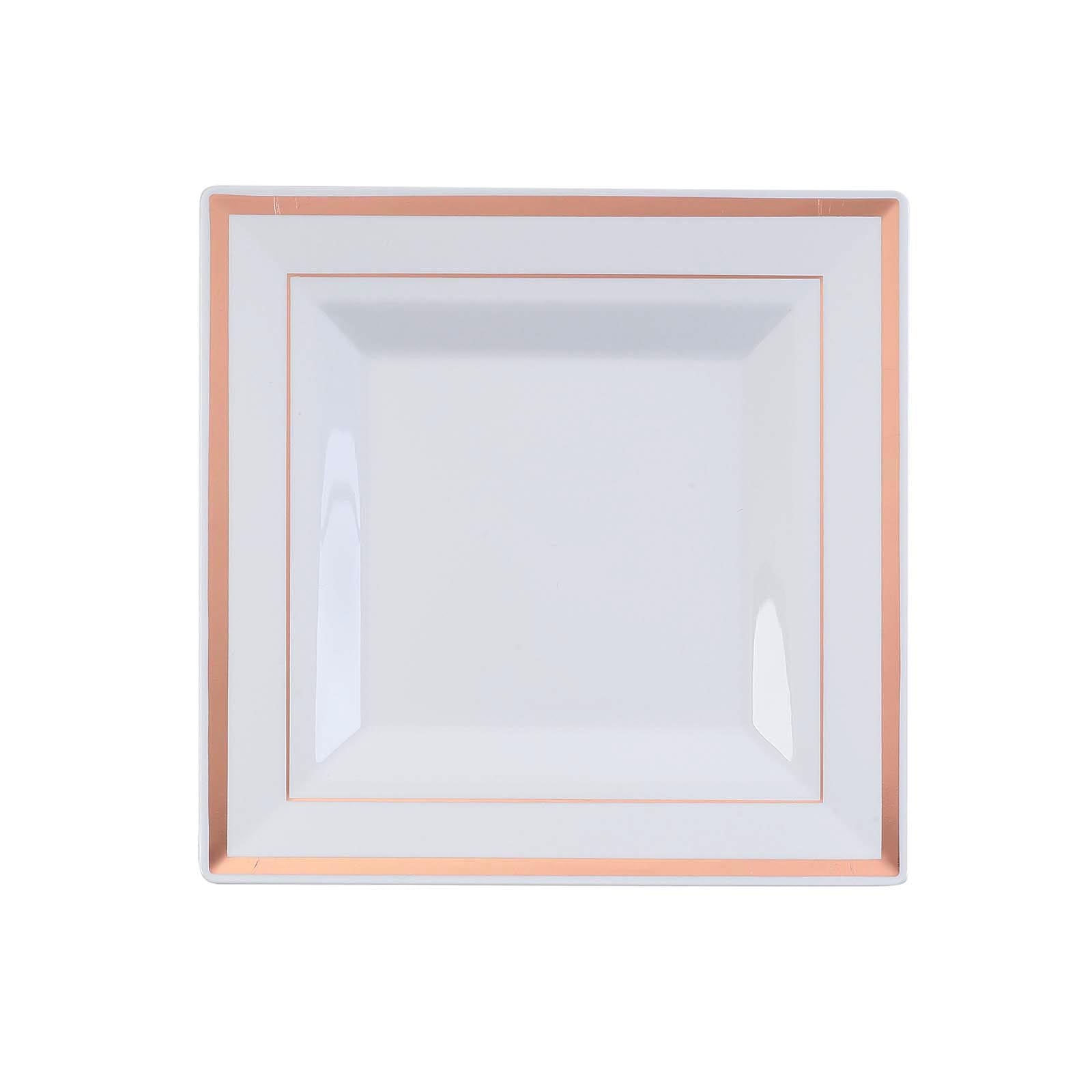 10-Pack Plastic Salad Dessert Plates White Square with Rose Gold Trim - Durable Disposable Appetizer Plates 7