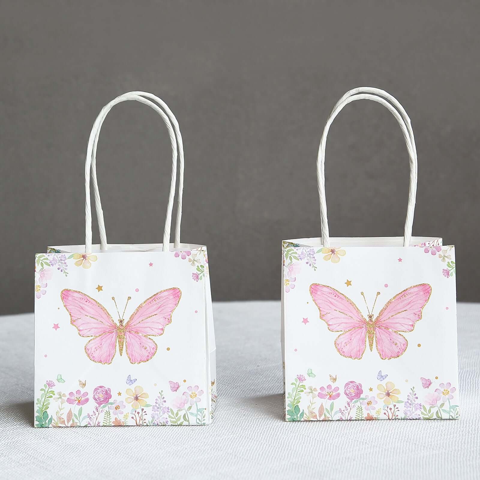 12 Pack Pink Glitter Butterfly Paper Favor Bags With Handles, Floral Print White Goodie Gift Bags - 4x4