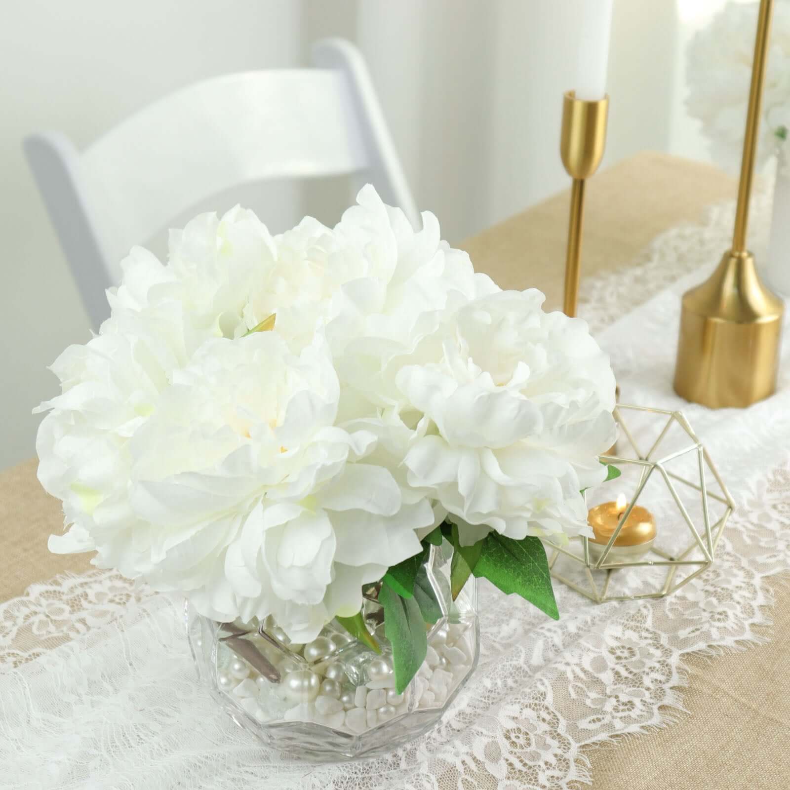 2 Bushes 17 White Artificial Silk Peony Flower Bouquets, Real Touch Peonies Spray