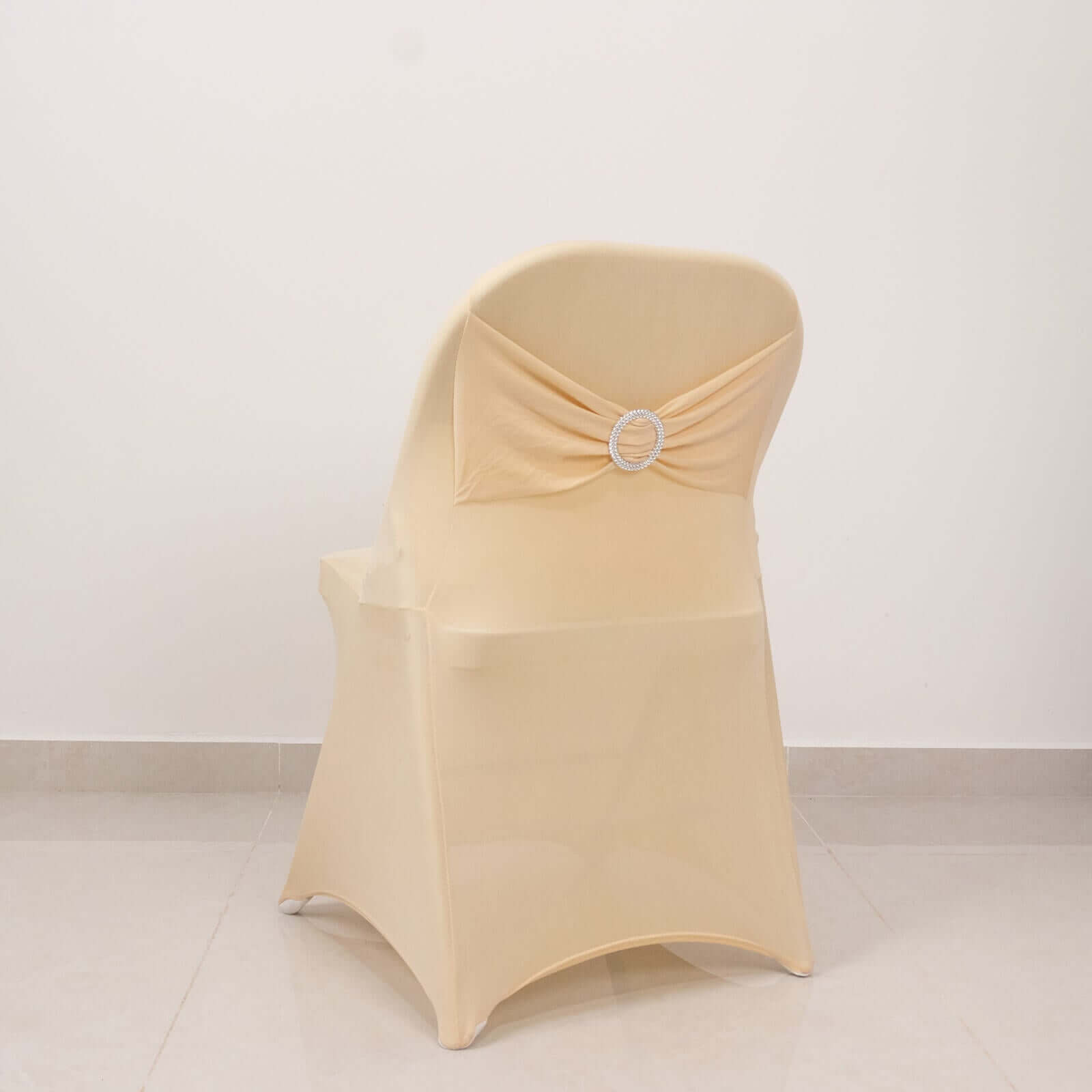 Stretch Spandex Chair Cover Beige for Folding Chairs - Secure Fit Slipcover with Silver Rhinestone Buckled Sash Band